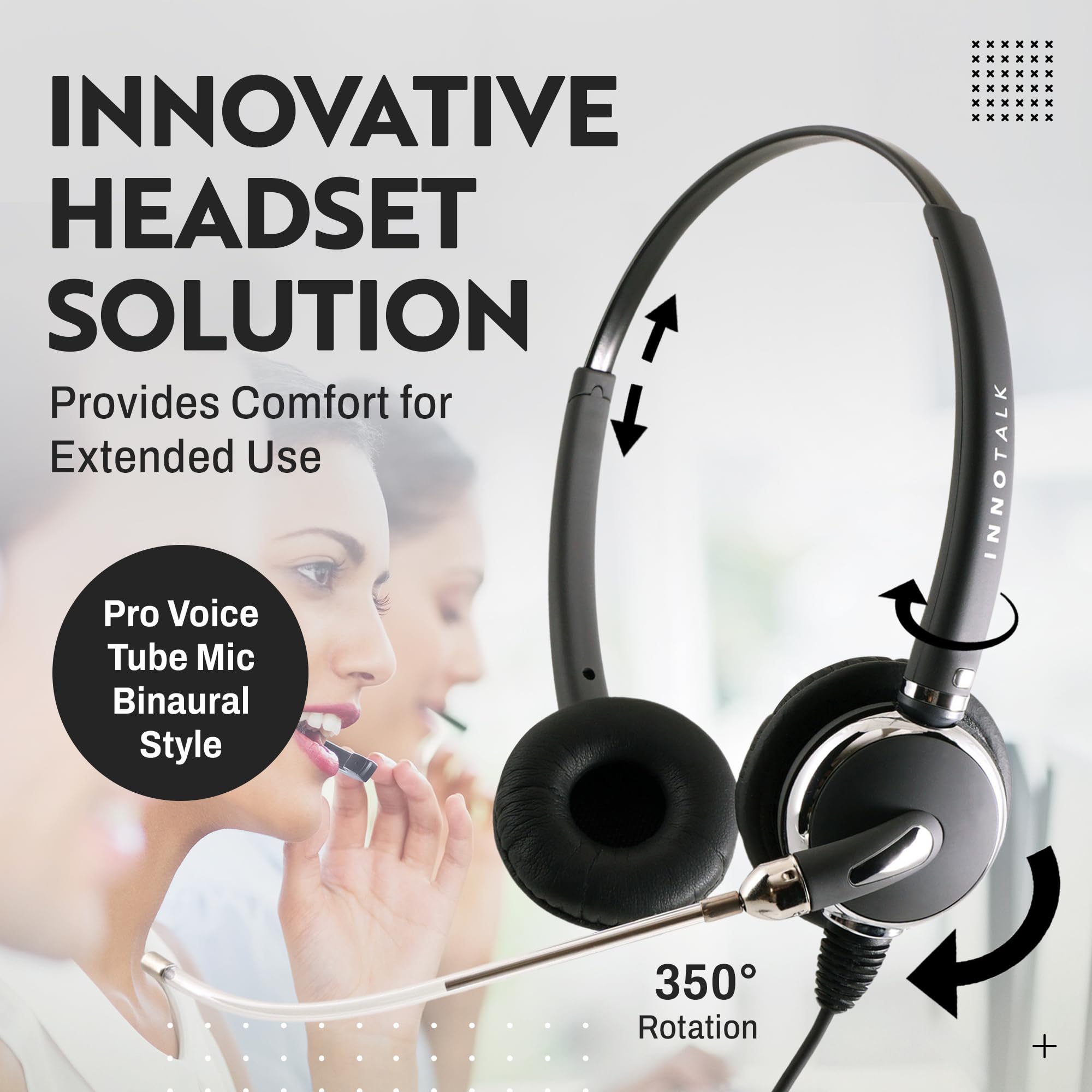 INNOTALK RJ9 Binaural Office Headset - Durable Call Center Headphones with Voice Tube Microphone, Clear Sound, Wired 9ft Cable & QD Pigtail Adapter - Compatible with Polycom, Mitel, Cisco & More - Perfect for Call Centers, Office Communication & Customer Support