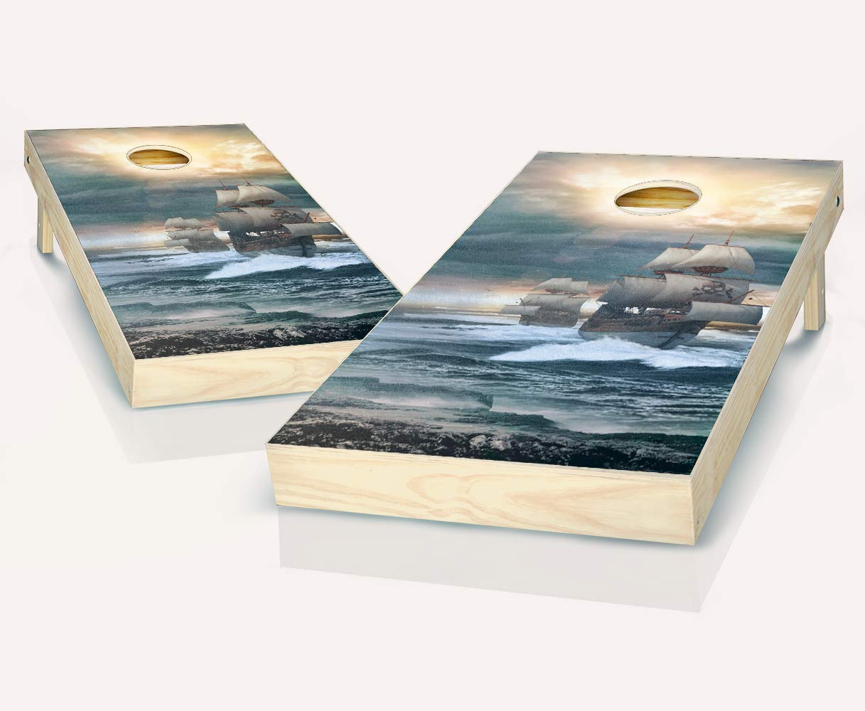 Premium Pirate Ship Cornhole Game Set - 2 Wooden Boards & 8 Bean Bags for Outdoor Backyard Parties, Tailgating, and Beach Games (Customizable Options Available)