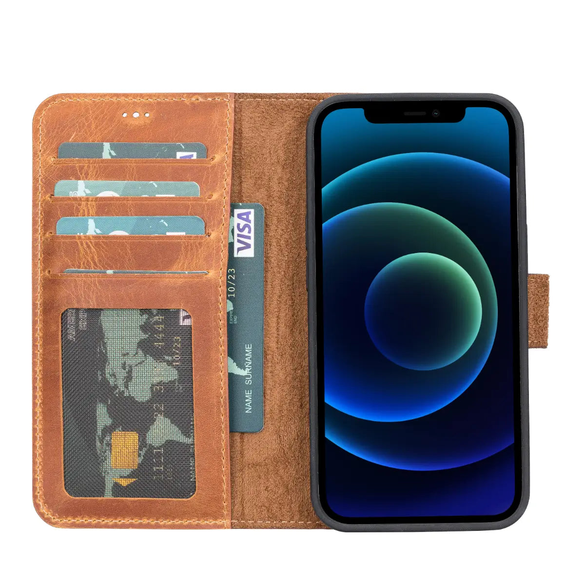 Premium Camel Brown Genuine Leather Wallet Case for iPhone 13 - Slim Protective Cover with Card Slots | Perfect for Everyday Use, Travel & Business (iPhone 13/6.1