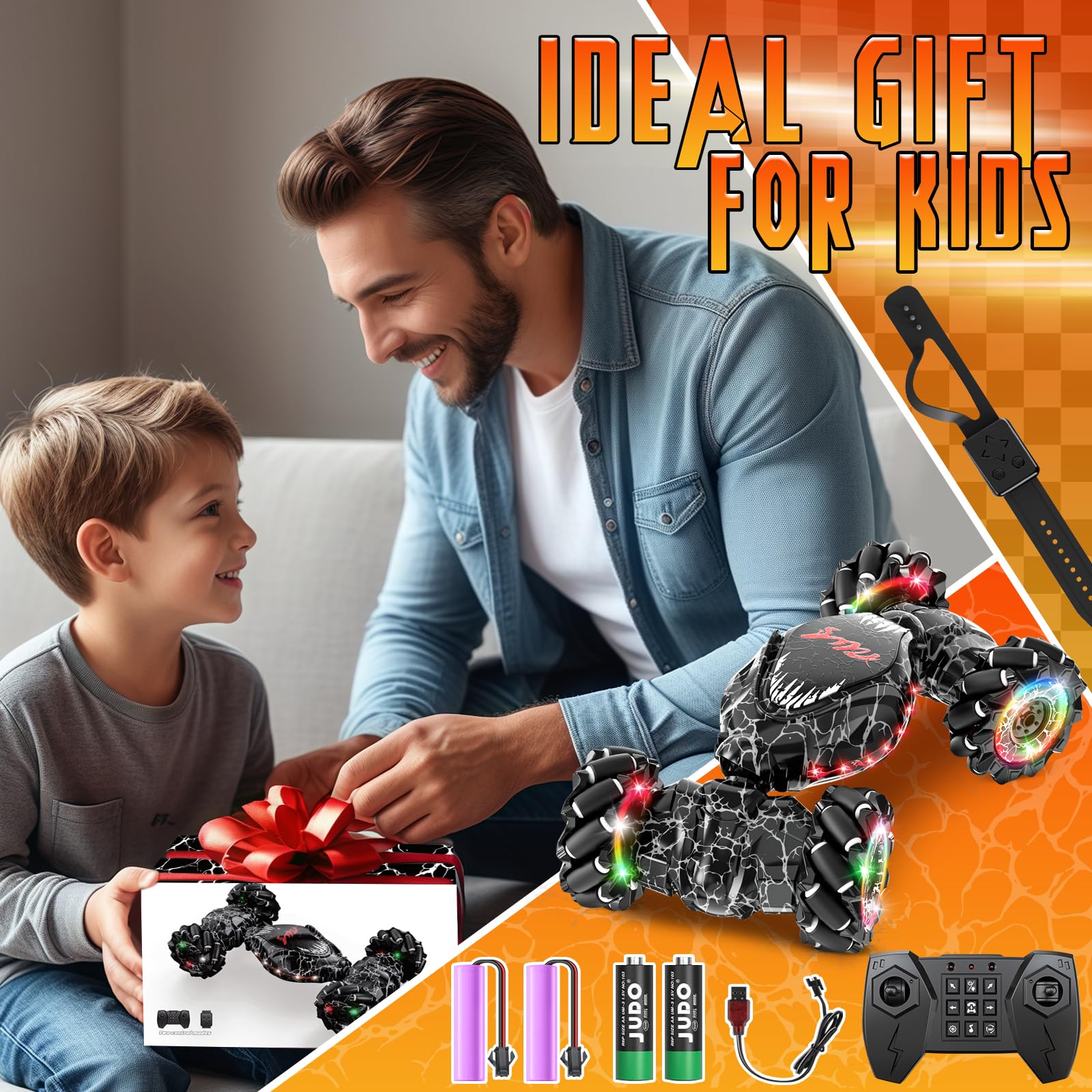 RC Stunt Car 2.4GHz Remote Control, LED Gesture Sensing & 4WD Double Sided Off-Road Drift Car with Lights & Music - All Terrain Rotating Toy for Boys Girls Kids Birthday Christmas Gifts (Black)
