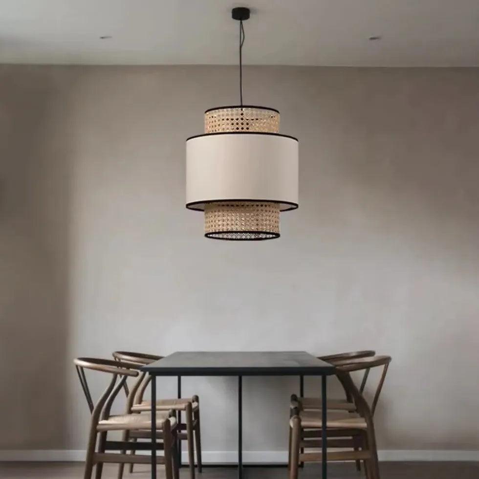 Rattan and PVC Double Layer Cylindrical Pendant Light - Modern Boho Ceiling Fixture for Dining Room, Bedroom, or Living Room Decor