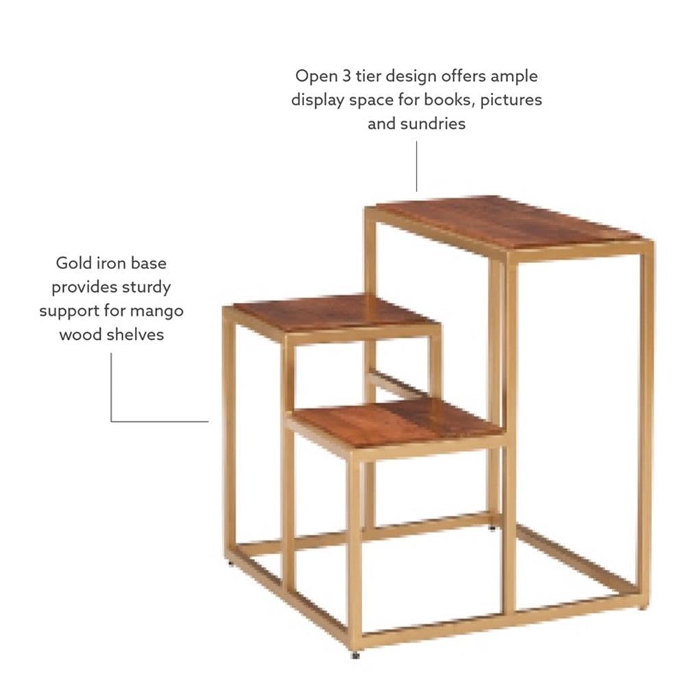 Linon Elijah 3-Tier Wood & Iron Side Table - Gold/Natural Finish | Perfect for Living Room, Bedroom, or Balcony Plant Stand | Multi-Purpose Storage Shelf for Home Decor