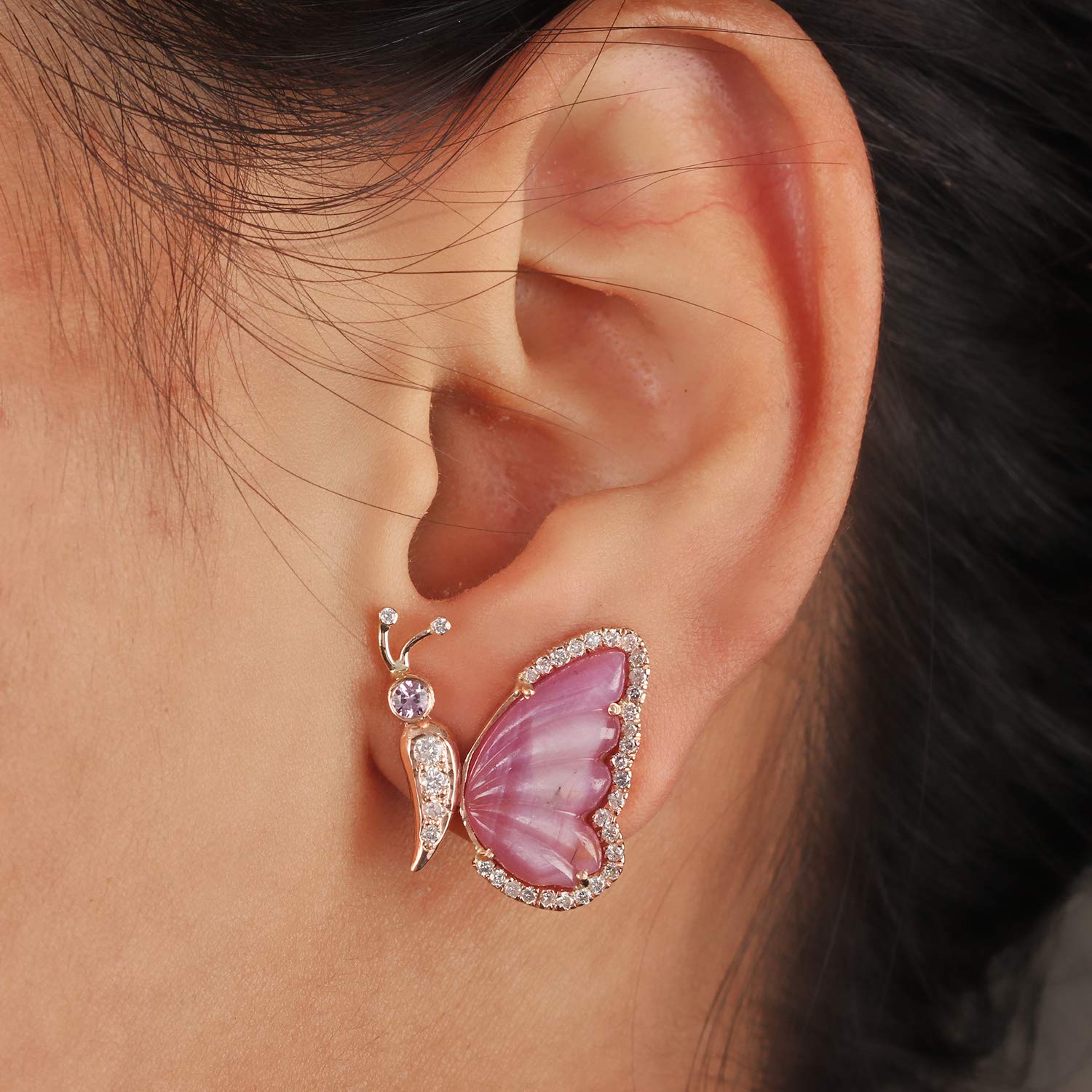 0.58 Carat Natural Diamond & Pink Sapphire 14k Rose Gold Butterfly Stud Earrings for Women - Elegant Fine Jewelry for Everyday Wear, Gift Giving & Special Occasions