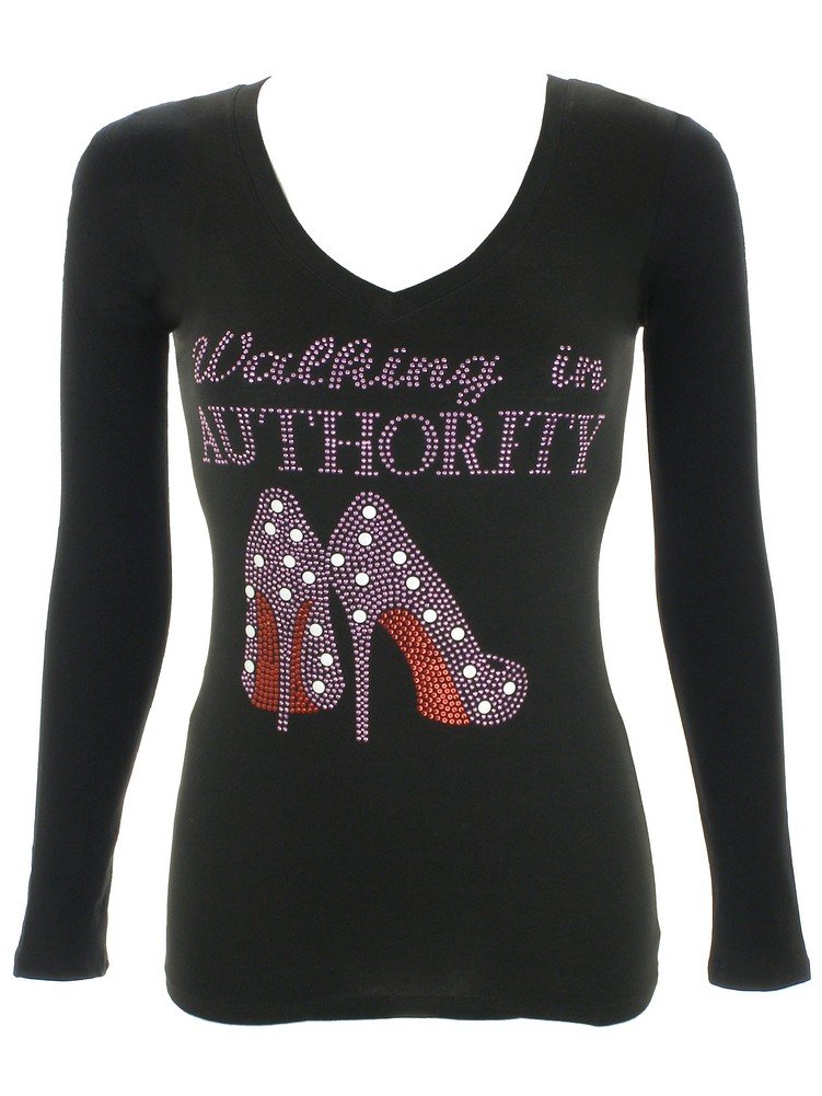 Women's Rhinestone Bling T-Shirt - Stylish Black Graphic Tee for Casual Wear, Walking in Authority Design | Perfect for Outings, Parties & Everyday Fashion