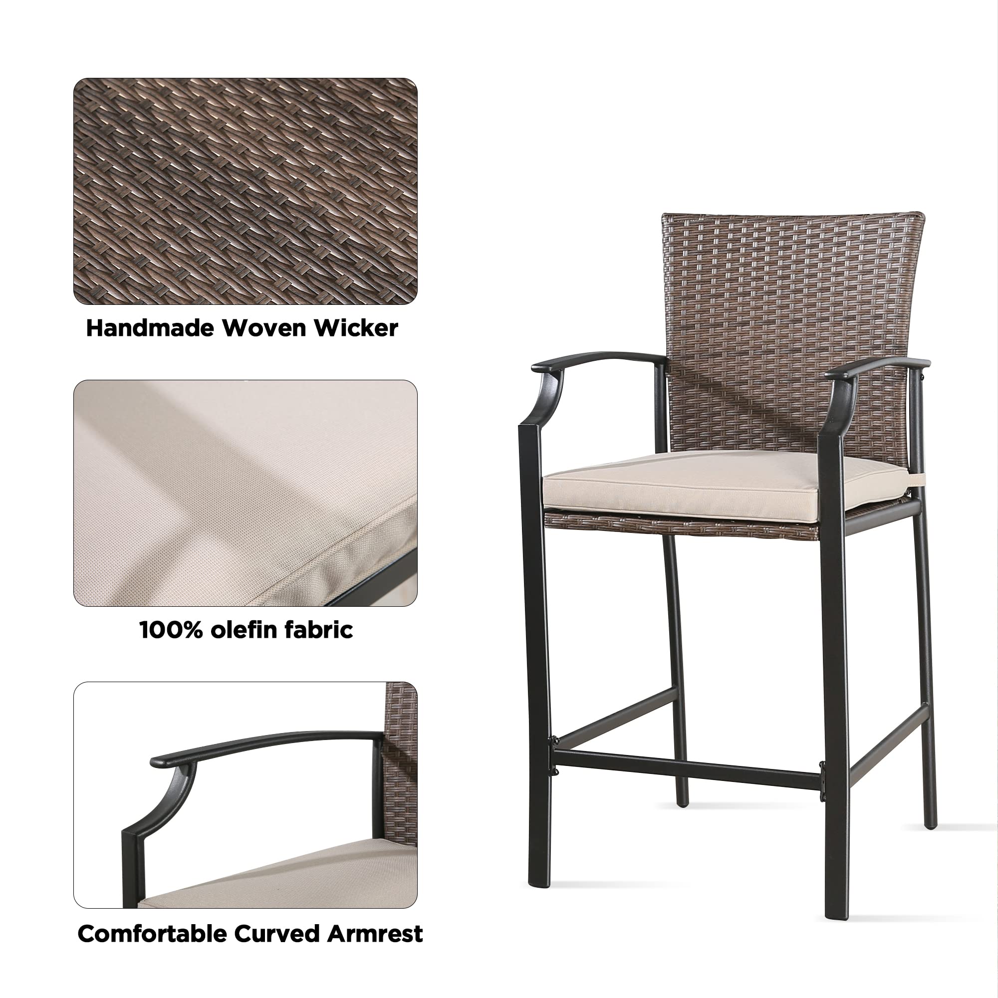 Ulax Furniture Set of 2 Outdoor Wicker Bar Stools - Metal Frame Patio Chairs with Armrests & 100% Olefin Cushions - Perfect for Backyard, Poolside & Outdoor Dining Areas