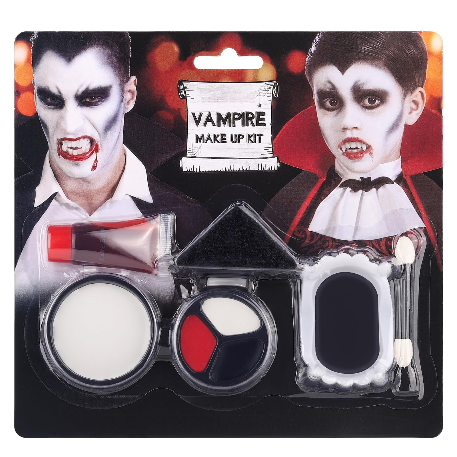 6PCS Halloween Makeup Kit with Fake Blood, Black White Red Face & Body Paint, Vampire Teeth & Stipple Sponge - Perfect for Costume Parties, Cosplay, Horror Makeup & Halloween Dress Up