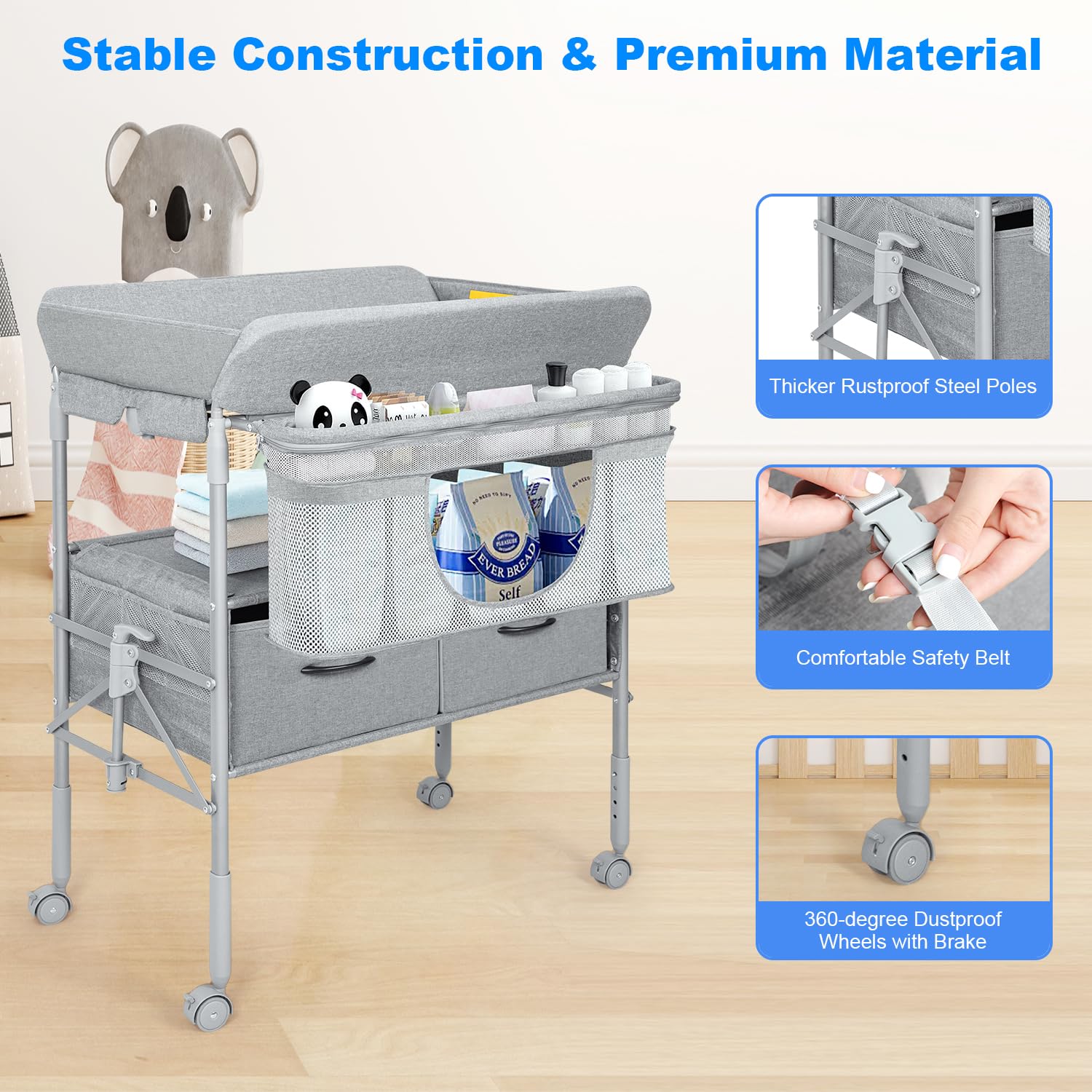 Portable Baby Changing Table with 2 Storage Baskets - Adjustable Height Waterproof Diaper Changing Station for Nursery, Travel & Home Use - Folding Mobile Changing Table for Newborns & Infants