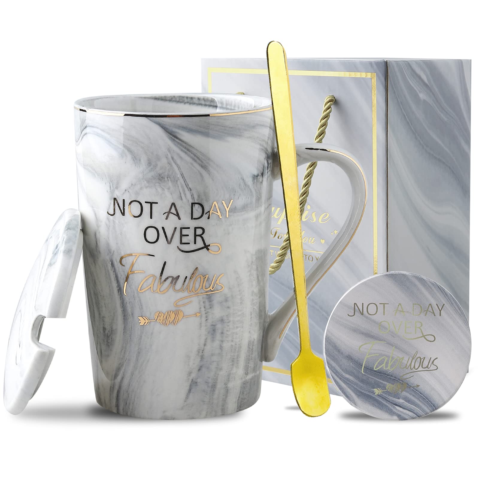 NJCHARMS Ceramic Marble Coffee Mug Set with Inspirational Sayings - 14oz Gray Not A Day Over Fabulous Mug - Unique Birthday Gifts for Women, Wife, Mom, Sister | Perfect for Coffee Lovers, Office Use & Thoughtful Gift Exchanges