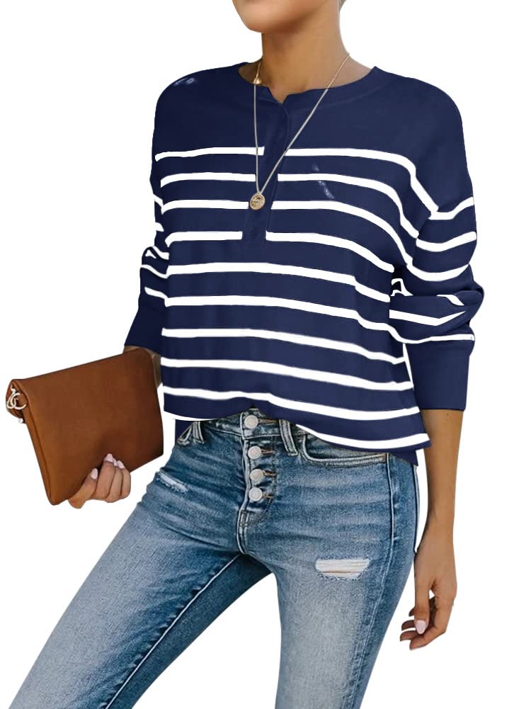 Women's Striped Henley Sweater - Soft Lightweight Long Sleeve Crew Neck Pullover Top for Casual Wear & Layering | Cozy Fall & Winter Knitwear for Everyday Outfits