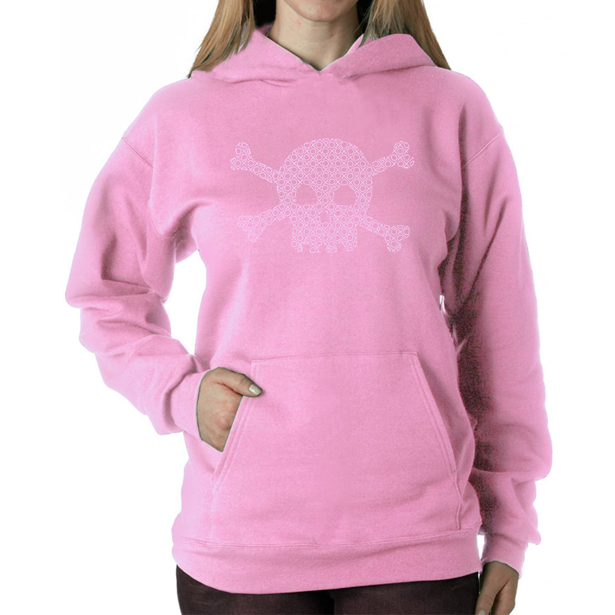 LA POP ART Women's XOXO Skull Word Art Hooded Sweatshirt | Trendy Graphic Pullover for Casual Wear, Street Style & Gifts