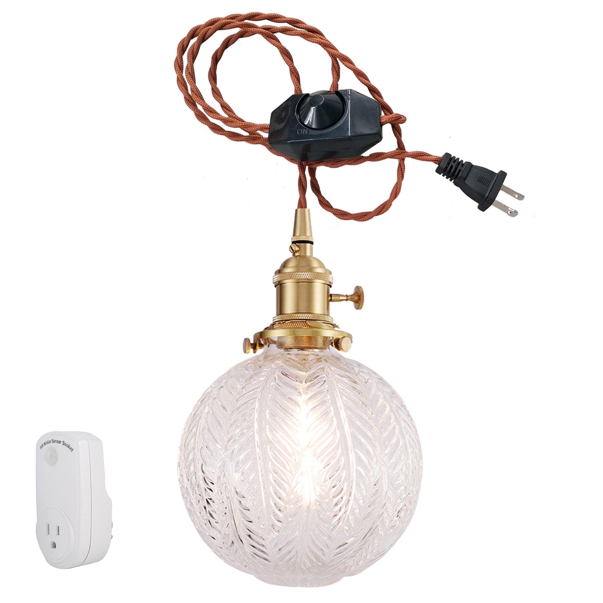 Plug-in Hanging Swag Lamp with 15ft Dimmable Brown Braided Cord & Clear Glass Globe Shade - No Wiring Needed, Motion Sensor, Copper Holder - Perfect for Kitchen Island, Dining Room, Bedroom Lighting