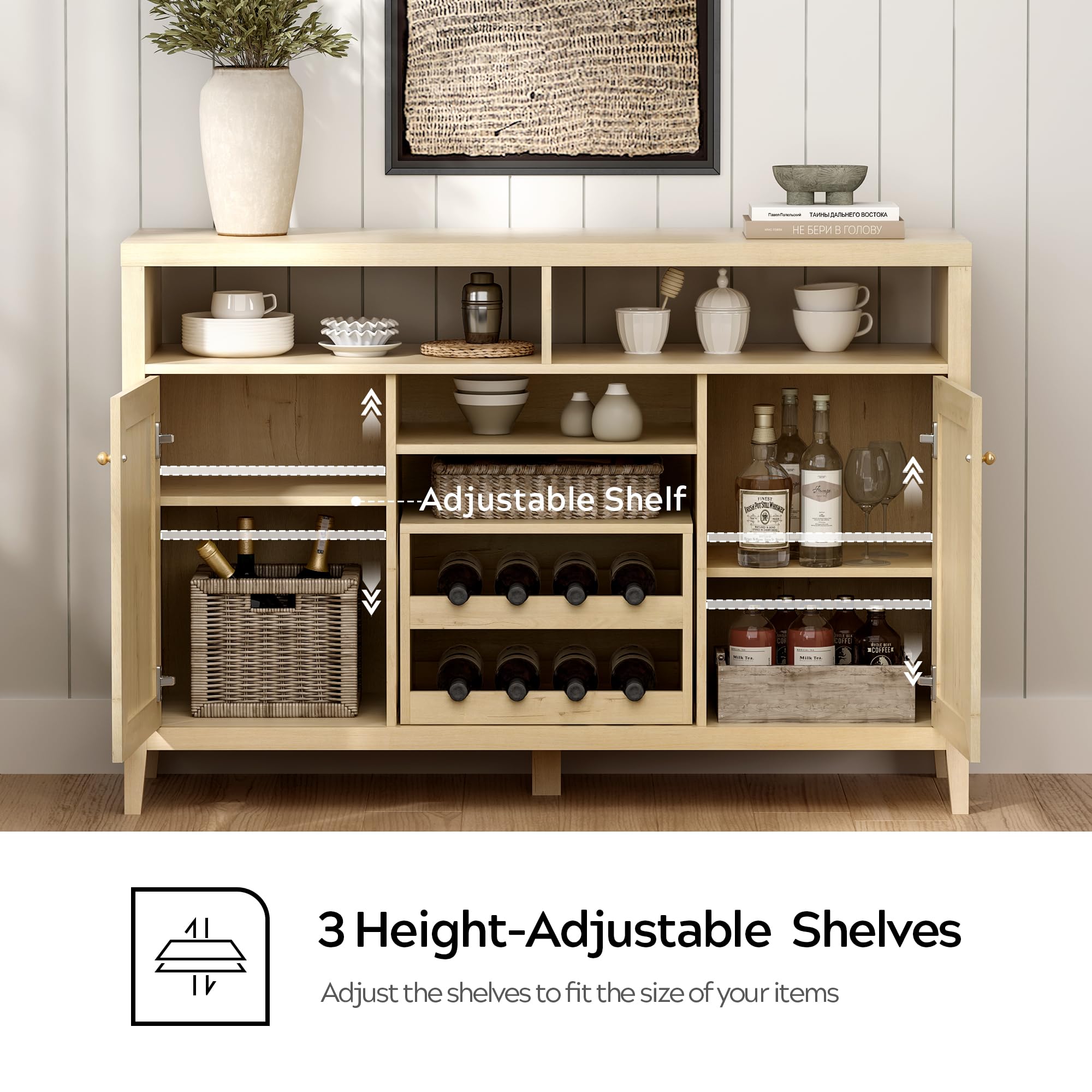Farmhouse Wine Bar Cabinet with Doors - Light Oak Sideboard Buffet Storage for Liquor, Glassware & Dining Essentials | Perfect for Dining Room, Living Room & Home Bar Decor