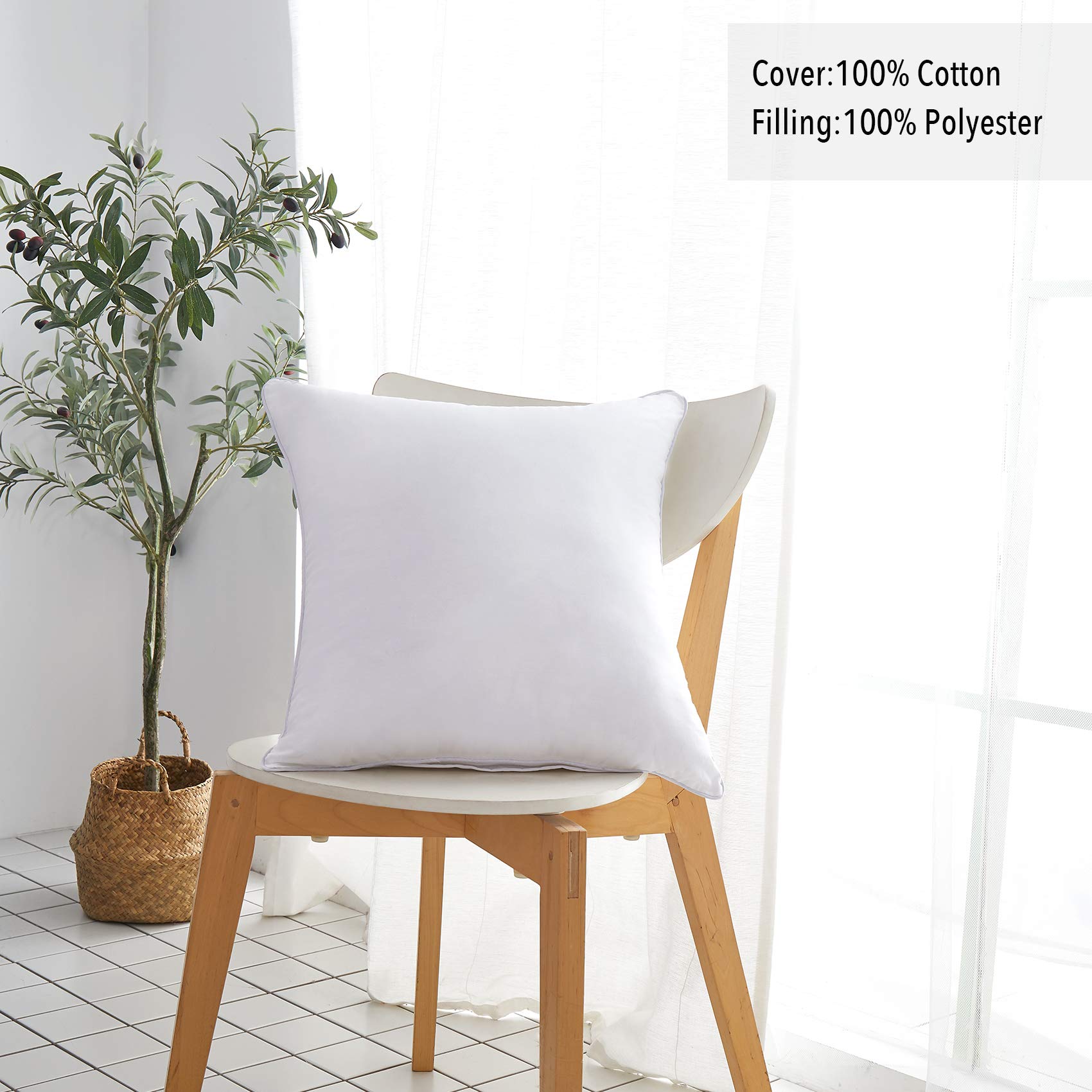 Oubonun 22 x 22 Inch Square Throw Pillow Inserts (Set of 2) - 100% Cotton Decorative Sofa Pillow Covers - White Couch Pillow for Living Room, Bedroom & Home Decor