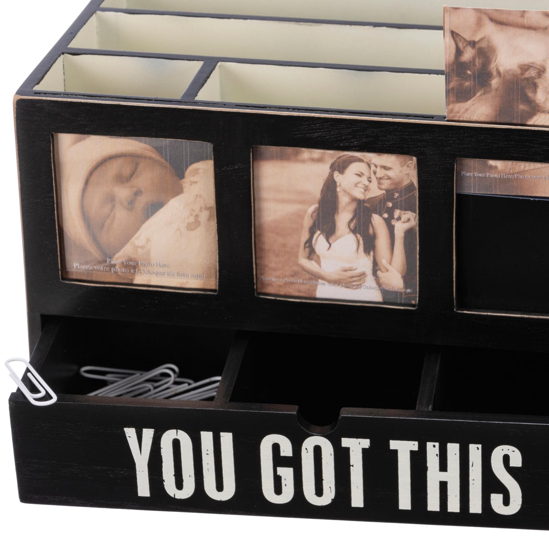Primitives by Kathy 'You Got This' Wooden Desk Organizer with Drawer & Picture Frames - Office Decor for Home, Workstation & Gift Ideas