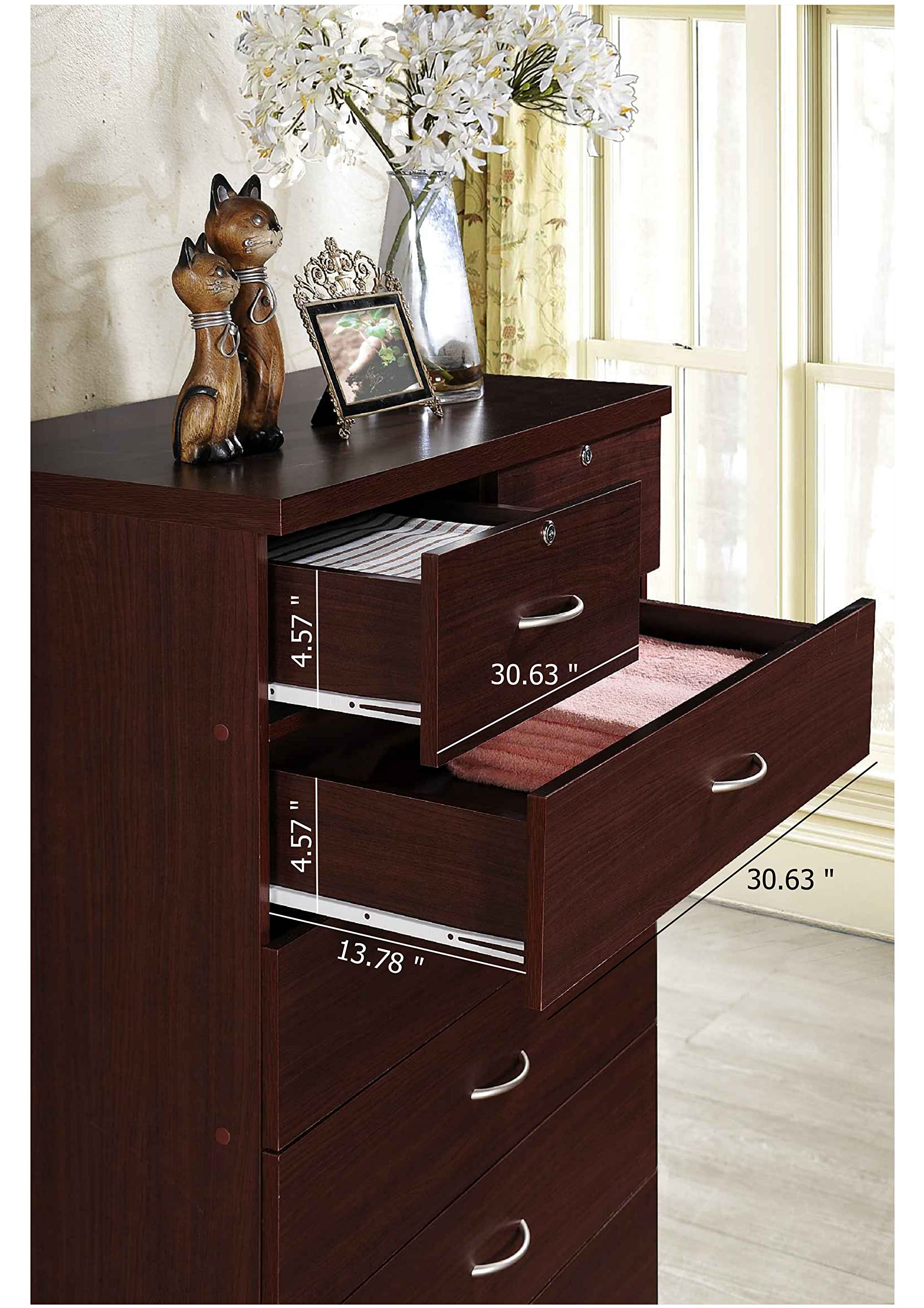 HODEDAH 7-Drawer Wooden Dresser for Bedroom - 31.5 Inch Wide Chest of Drawers with 2 Locking Top Drawers - Mahogany Storage Organizer for Clothes, Bedroom Furniture - Perfect for Master Bedroom, Guest Room & Dorm Organization