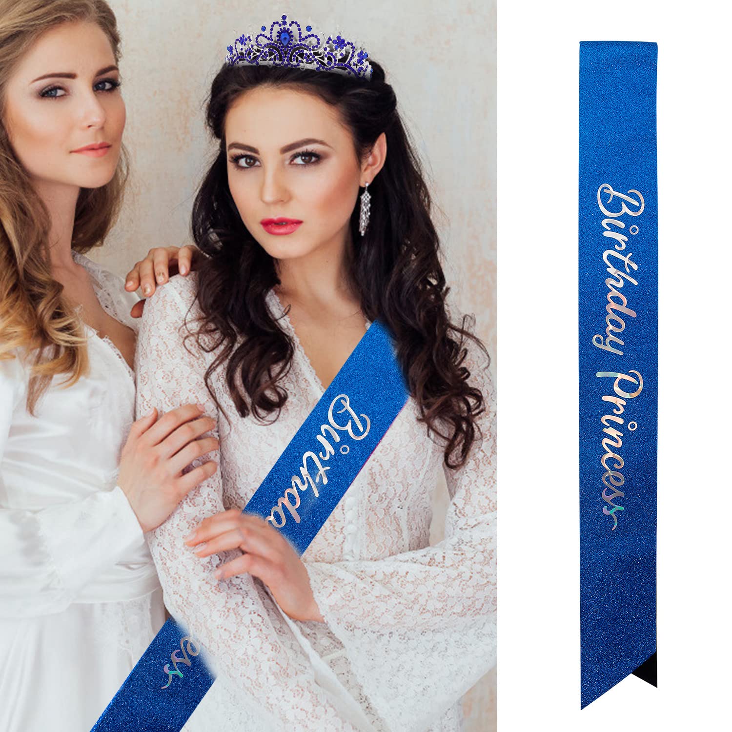 Sparkling Princess Crown & Tiara Set for Girls - Blue Birthday Sash, Party Crown & Accessories - Perfect for Princess Themed Birthday Decorations & Dress Up Play