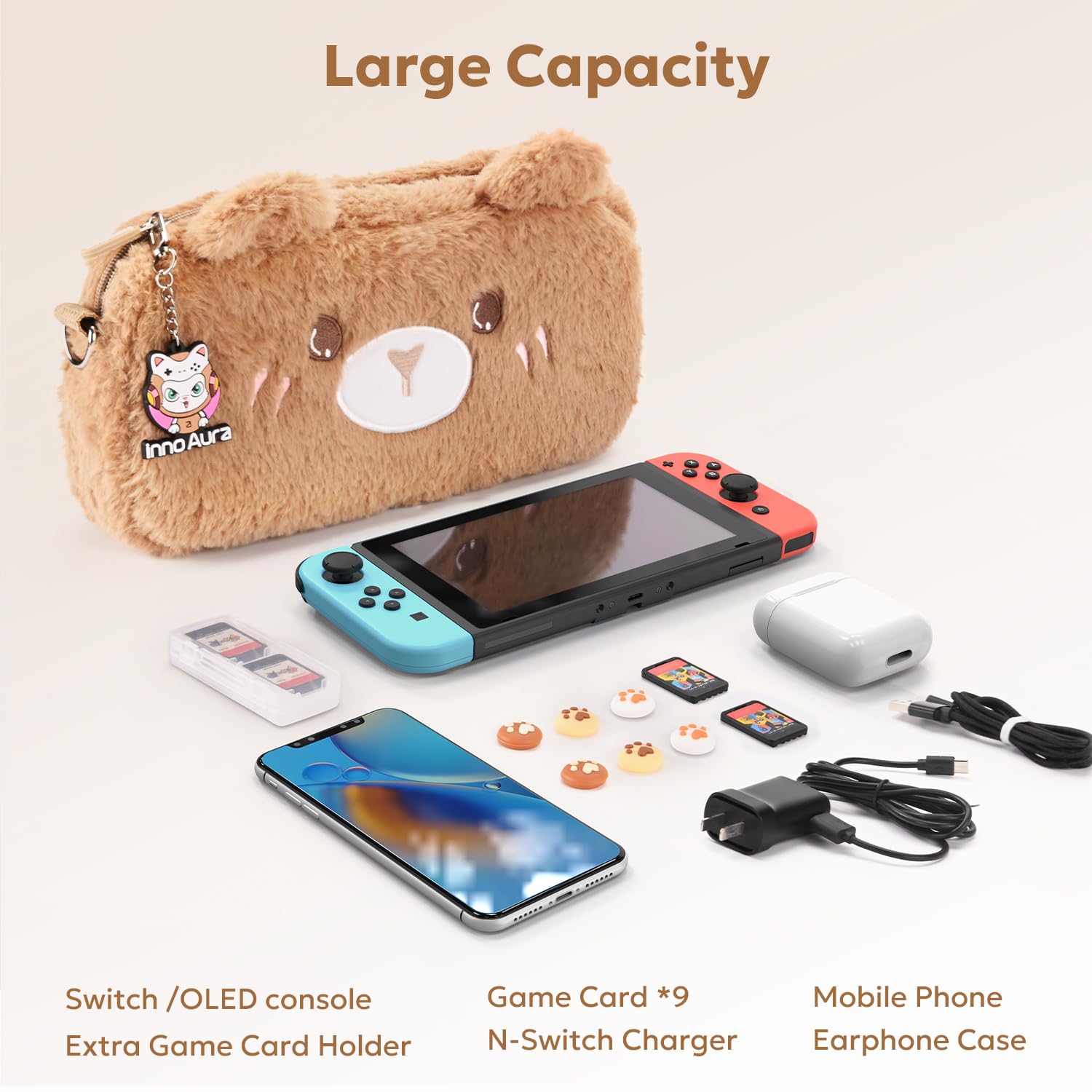 InnoAura 16-in-1 Nintendo Switch Accessories Bundle - Protective Carrying Case, Game Case, Screen Protector, Thumb Grips (Brown Bear) - Perfect for Travel, Gaming On-The-Go & Switch Protection