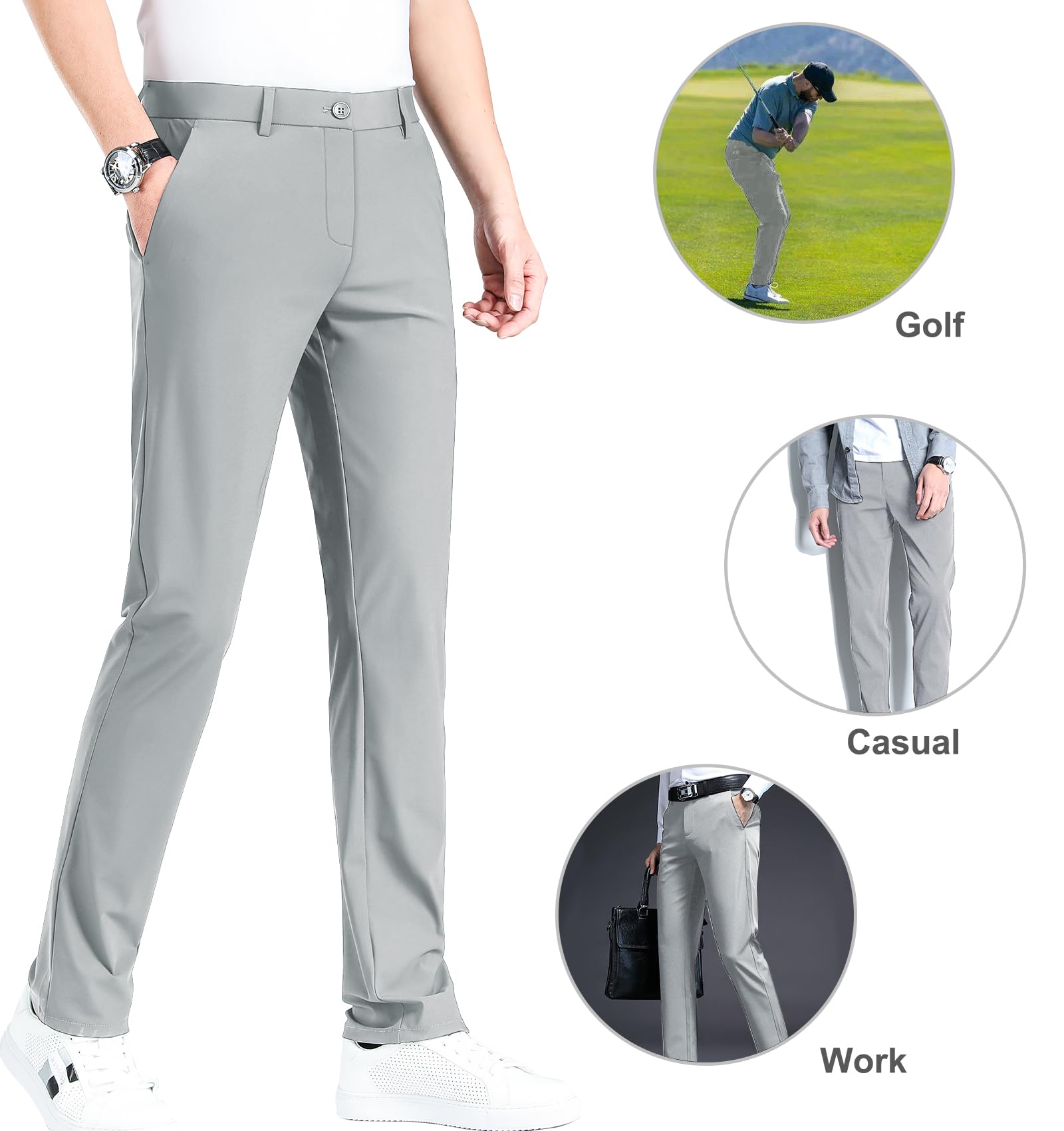 LUSHENUNI Men's Slim Fit Golf Pants - High Stretch Ice Silk Dress Pants with Expandable Waist for Comfort & Performance | Perfect for Golfing, Office Wear & Casual Outings