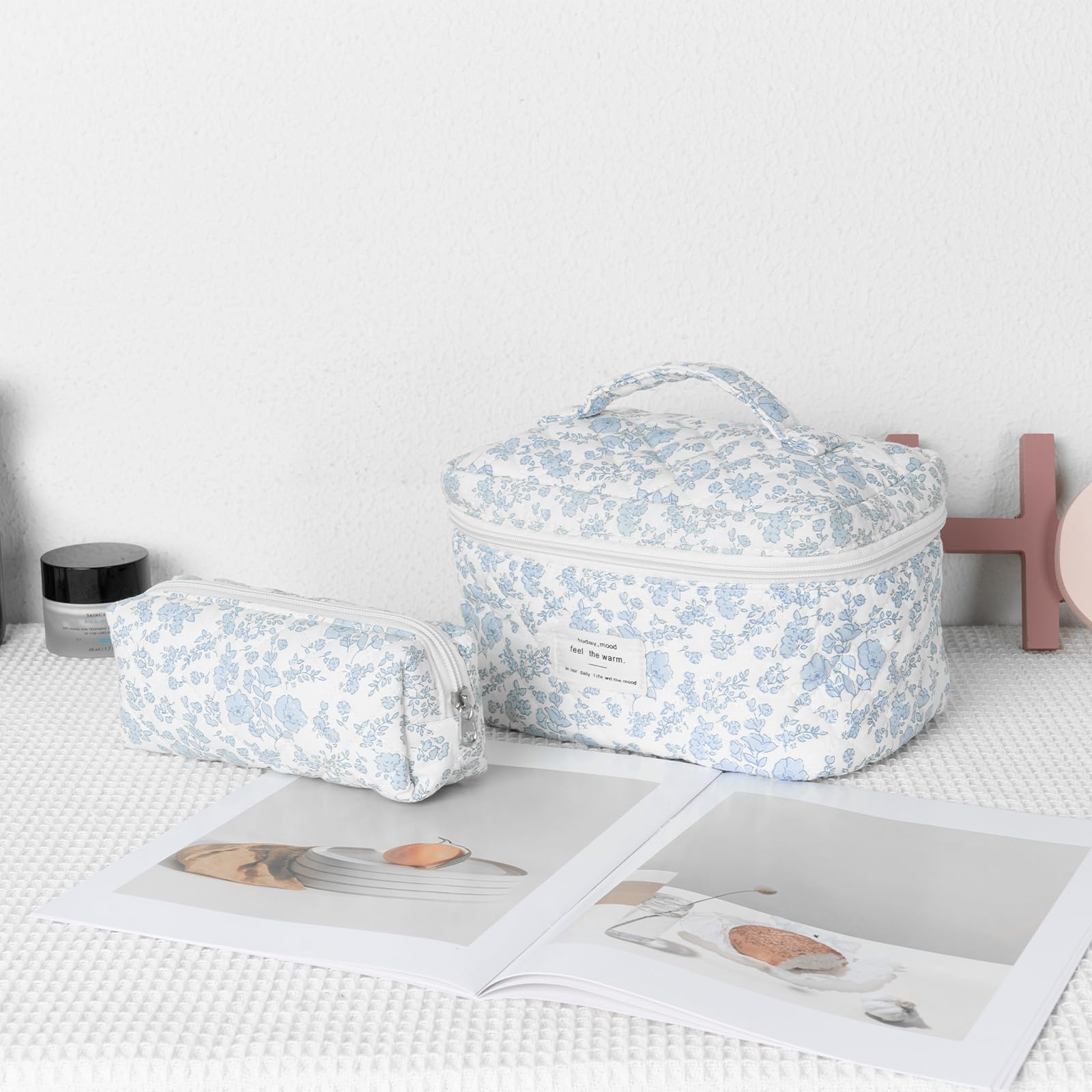 Floral Makeup Bag Set - Quilted Cotton Cosmetic Organizer for Travel & Toiletries | Coquette Aesthetic Flower Design | Perfect for Vacation, Gym, Bridal Shower & Daily Essentials Storage