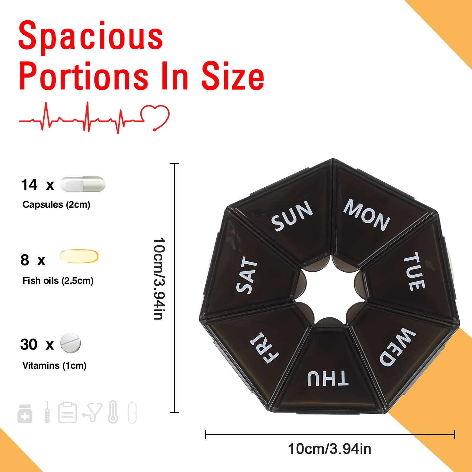 2Pcs Weekly Pill Organizer - 7 Day Travel Pill Box with 14 Compartments (2 Times Daily), Clear & Black Portable Medicine Case for Vitamins, Supplements & Medication - Perfect for Home, Office & Travel Use