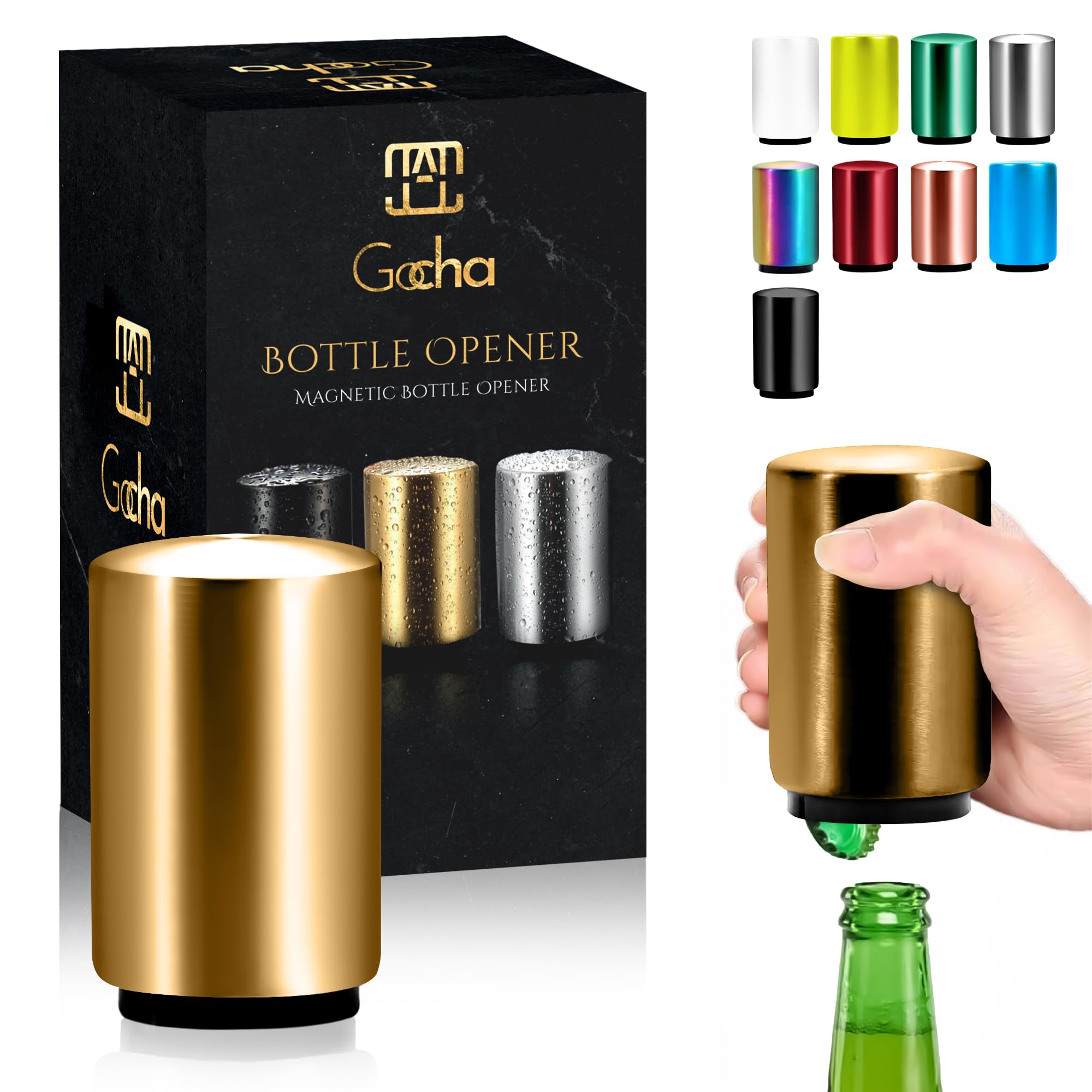 Stainless Steel Magnetic Bottle Opener - Automatic Push & Pull Beer Cap Opener with Magnetic Catcher - Gold (Pack of 1) - Perfect for Home Bars, Parties, Camping & Outdoor Adventures