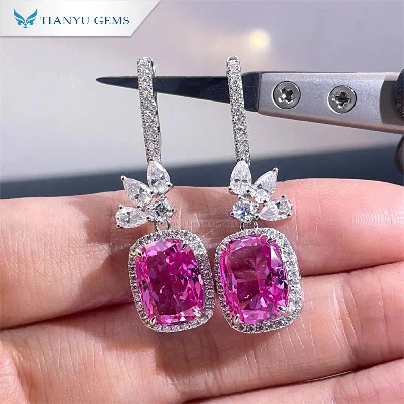 14K White Gold Cushion Cut 9x12mm Corundum Drop Earrings for Women - Elegant Moissanite Dangling Pear DE Earrings for Parties, Weddings & Special Occasions