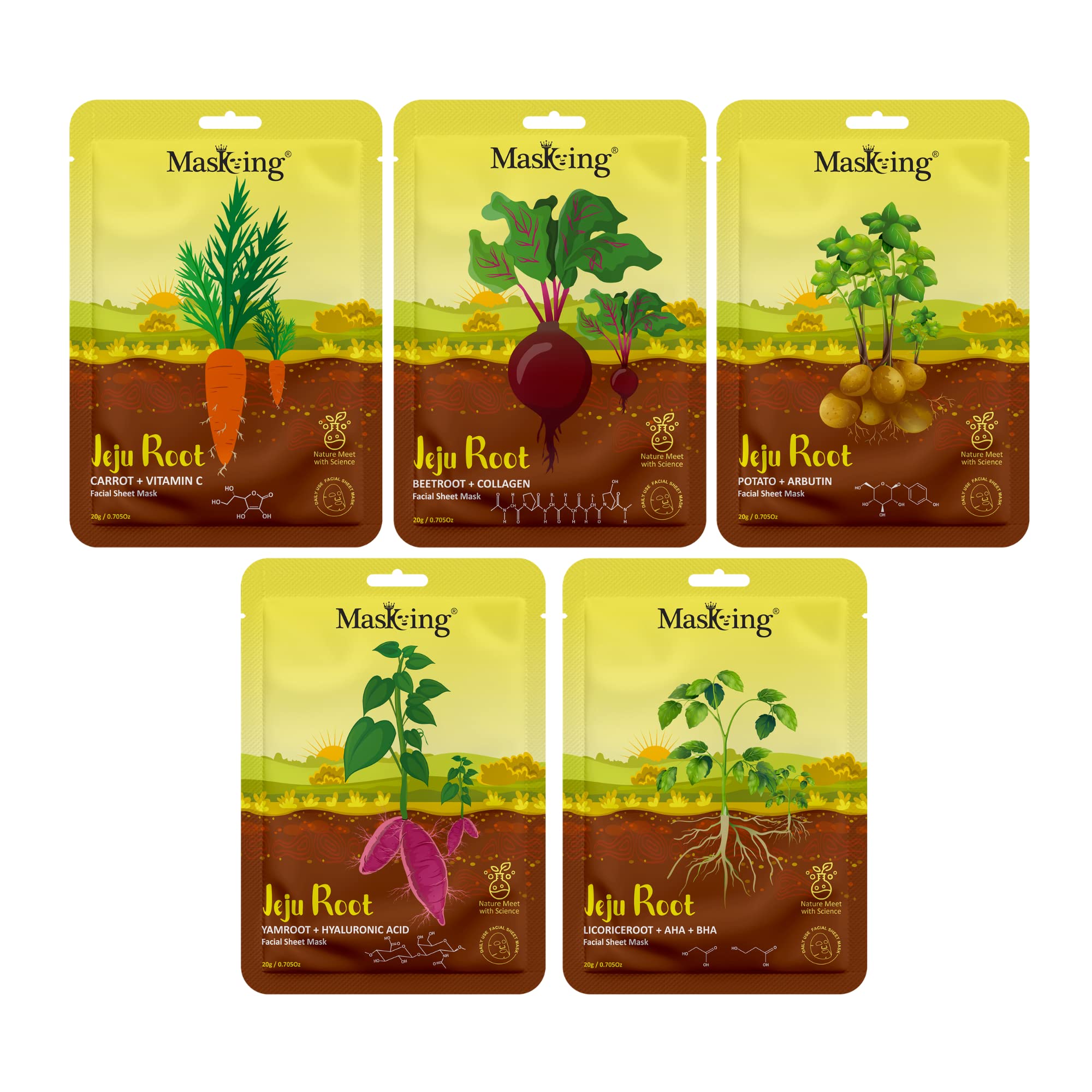 Jeju Root Face Sheet Mask - Hydrating & Brightening Facial Mask for Glowing Skin, Pack of 5 - Korean Skincare for Women & Men | Perfect for Daily Hydration & Nighttime Skincare Routine