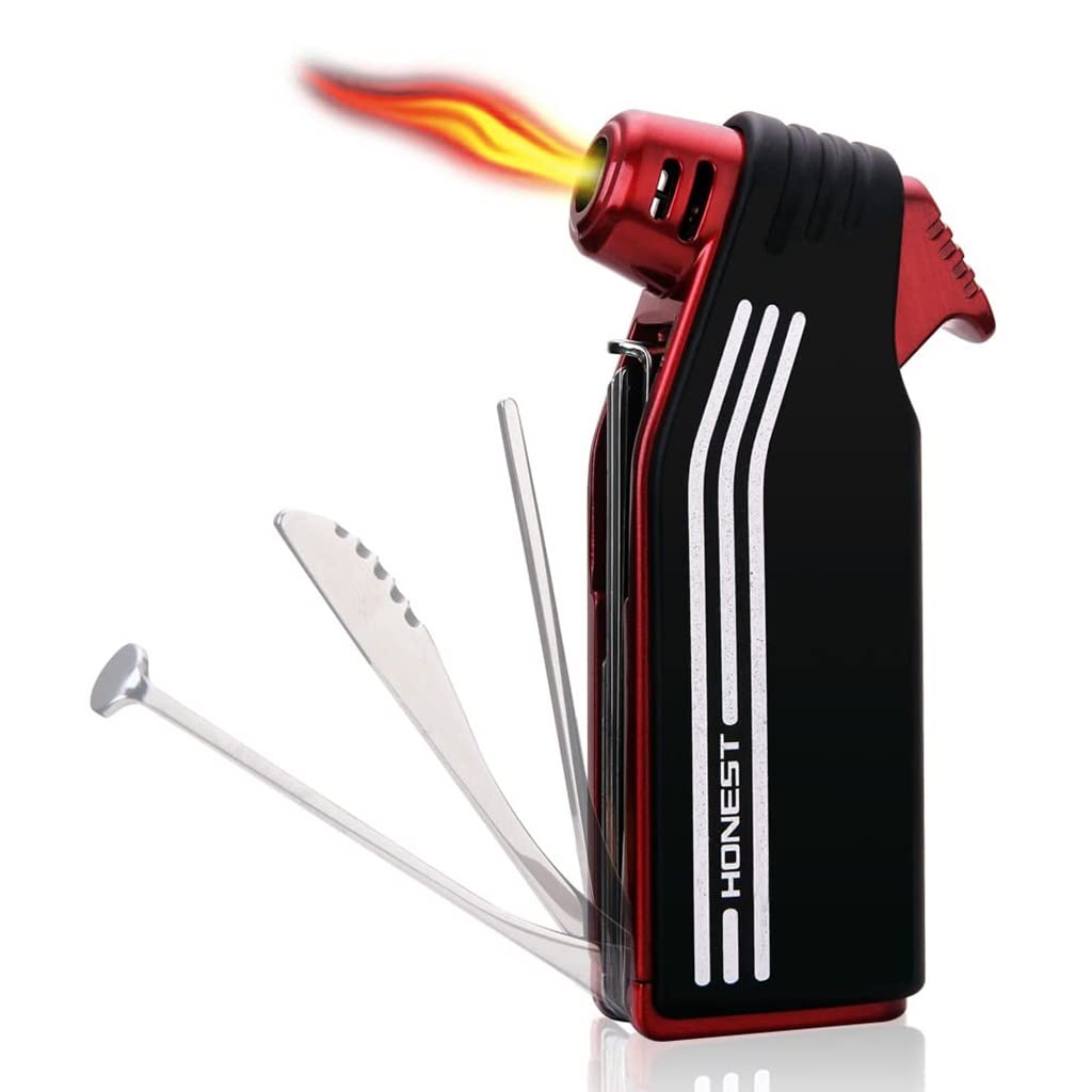 LenEurest 3-in-1 Butane Pipe Lighter with Cleaner Tools - for Camping, Grilling & Fireplaces (Red)