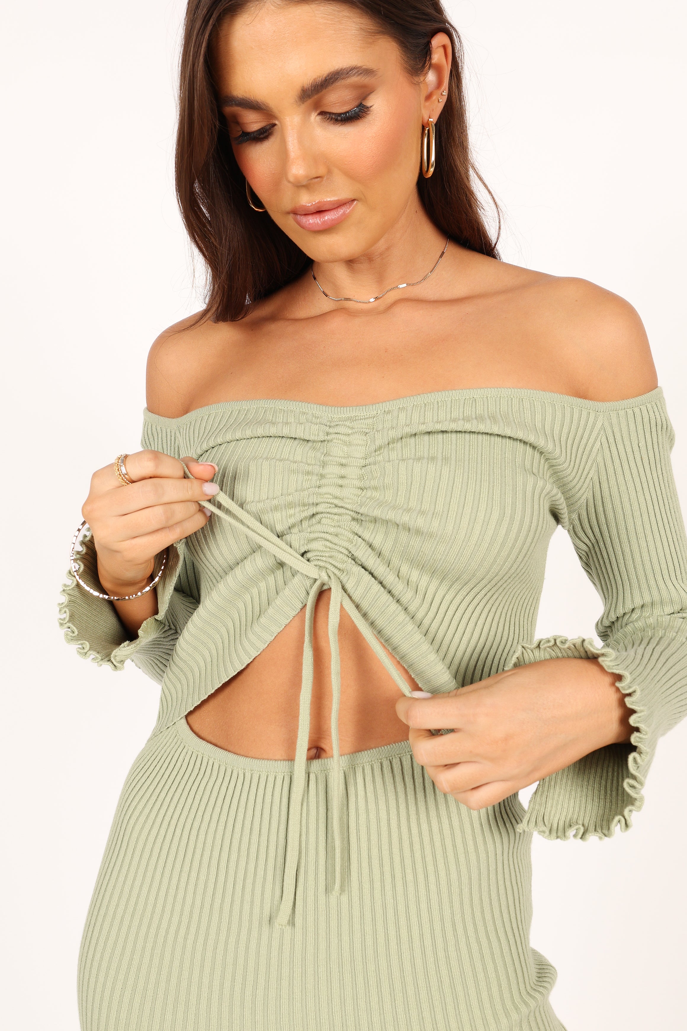 Geneva Off Shoulder Midi Dress in Sage Green - Flowy Summer Dress for Beach, Wedding & Date Night