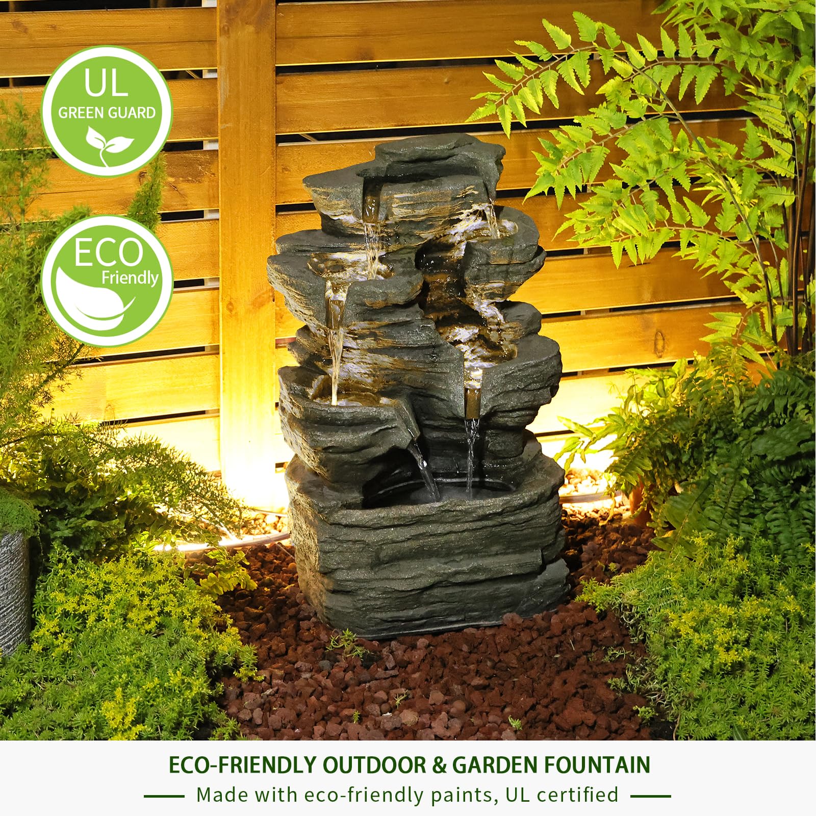 6 Tier Solar Powered Cascading Rock Water Fountain with LED Lights - 24.4