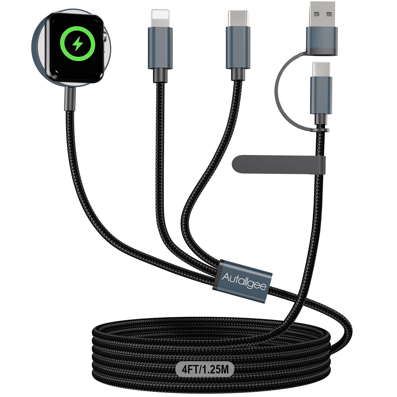 Upgraded 3-in-1 Multi Charging Cable for Apple Watch, iPhone & Galaxy - Fast Charging Compatible with iWatch Ultra/SE/10/9/8/7/6/5/4/3/2/1, iPhone 16/15/14/13 & Galaxy S24 [4FT] - Perfect for Travel, Home & Office Use