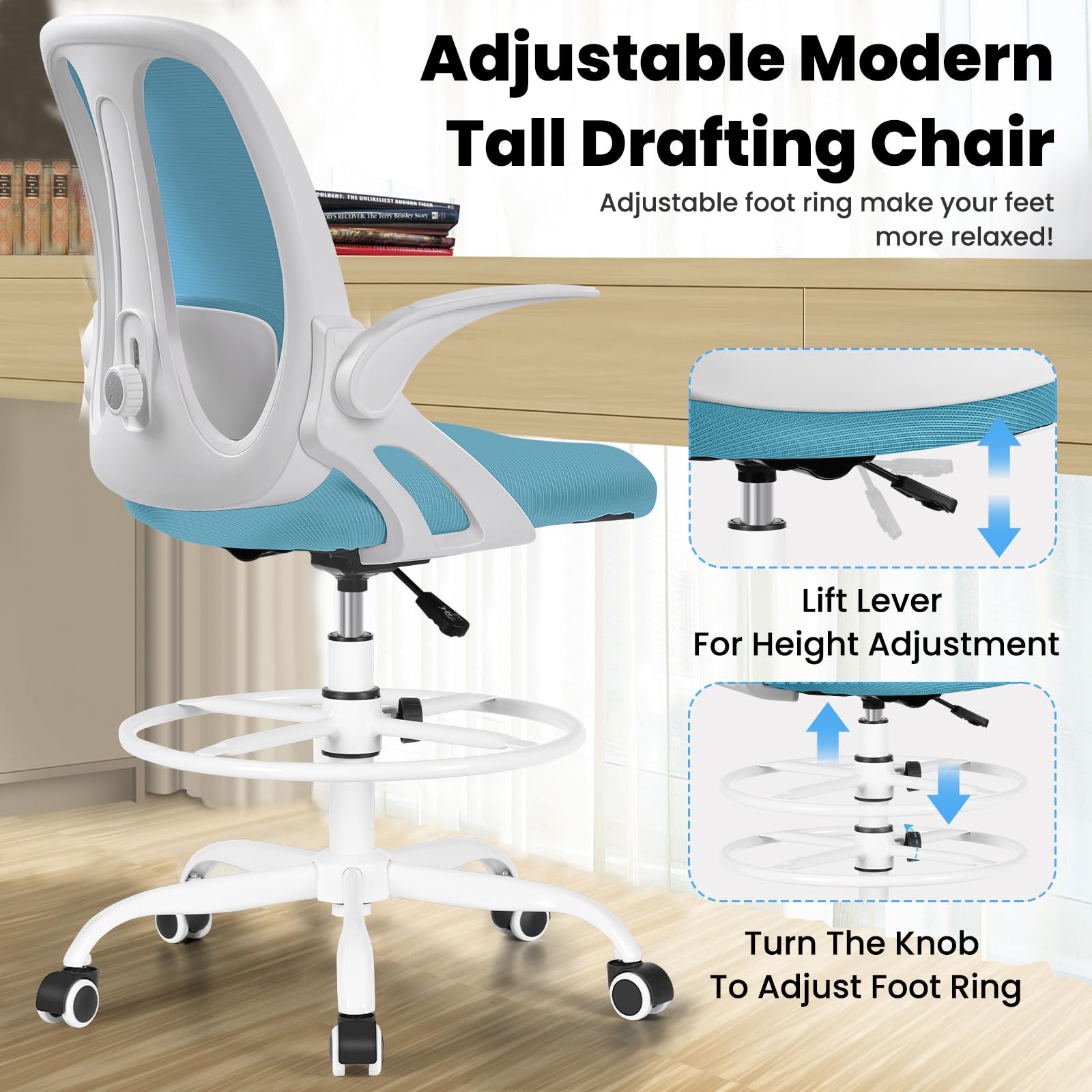 Razzor Ergonomic Drafting Chair - Adjustable Height Office Stool with Lumbar Support, Flip-Up Armrests & Footrest Ring - Blue - Perfect for Architects, Designers & Standing Desk Workstations