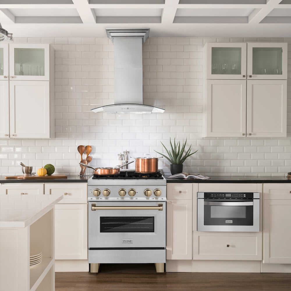 ZLINE Autograph Edition 30-inch 4.0 cu. ft. Dual Fuel Range with 4-Burner Gas Cooktop & Electric Convection Oven - Satin Stainless Steel with Champagne Bronze Accents (RASZ SN 30 CB) | Perfect for Gourmet Cooking & Modern Kitchens