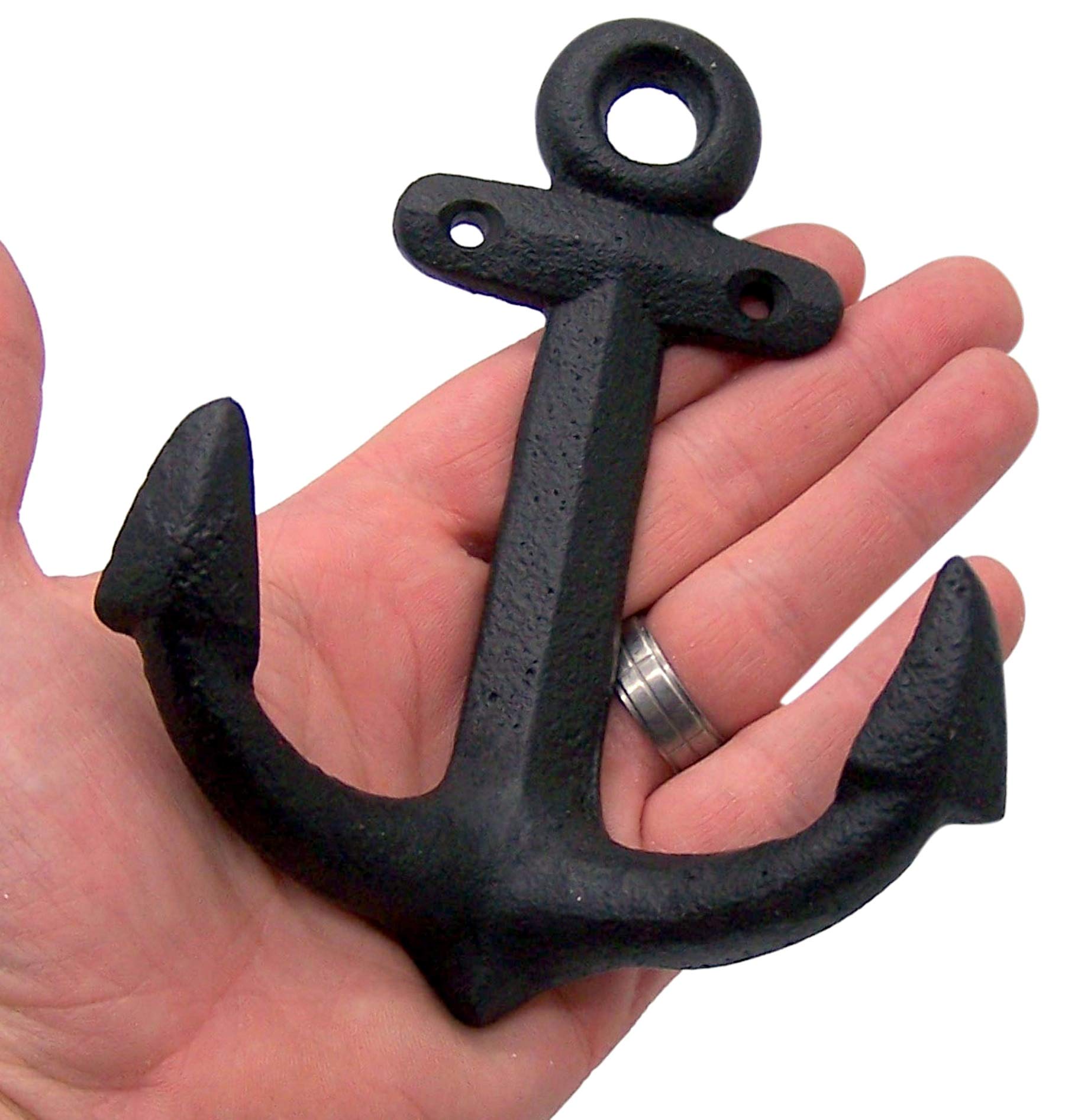 Nautical Cast Iron Ship Anchor Wall Hooks - Set of 3 (6 Inch, Black) - Perfect for Beach House Decor, Boat Accessories & Coastal Themed Home Decor