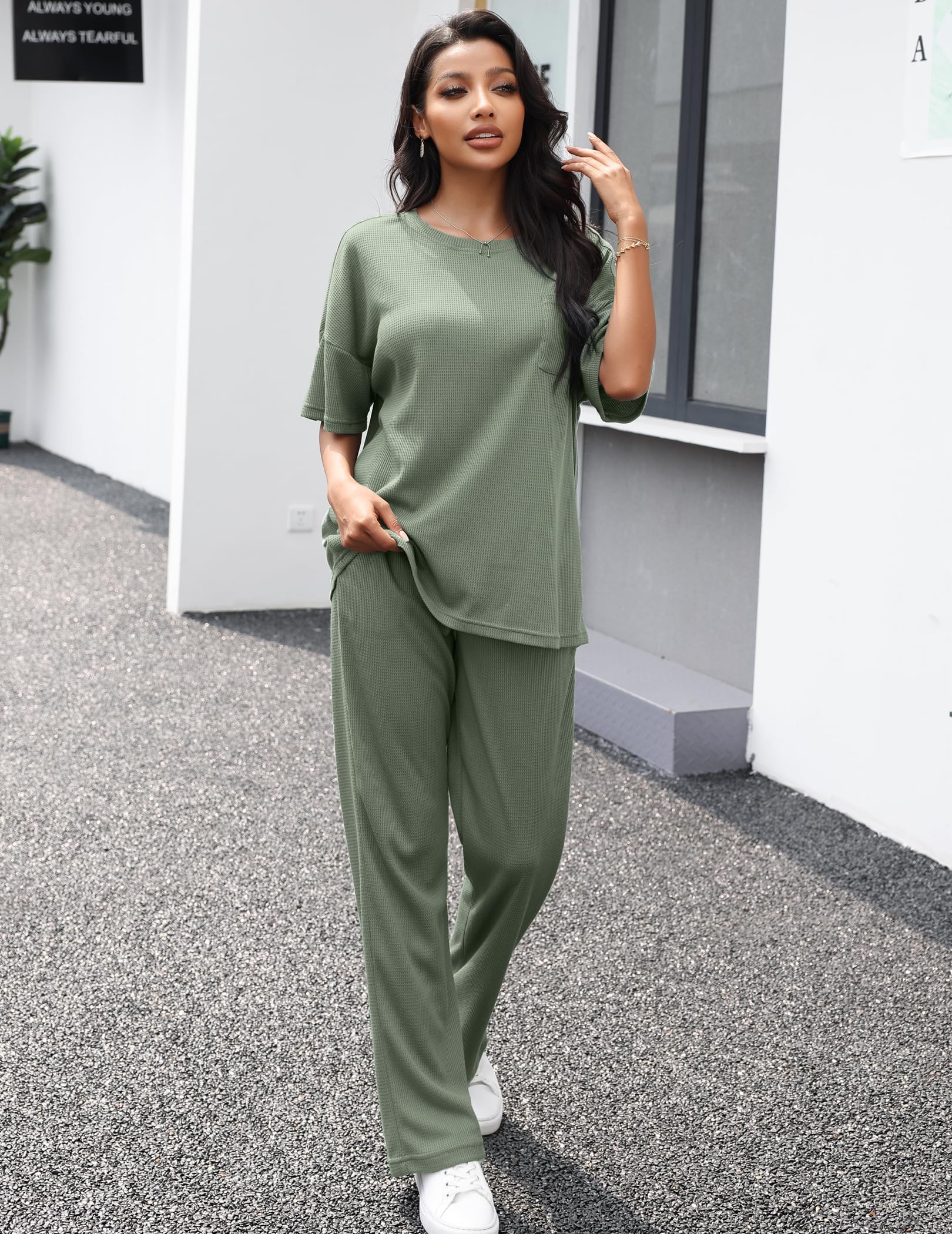 JiniGolla Women's Waffle Knit Pajama Set - Soft Short Sleeve Shirt & Long Pajama Pants for Sleepwear & Lounge Wear - Cozy Nightwear for Relaxing at Home or Sleepovers