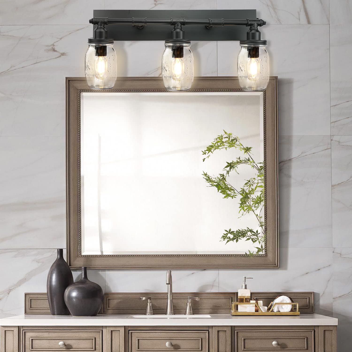 Industrial Mason Jar Vanity Light Fixtures - Black Finish Wall Sconce with 3 Lights for Bathroom, Bedroom, or Farmhouse Decor | Rustic Home Lighting Solution