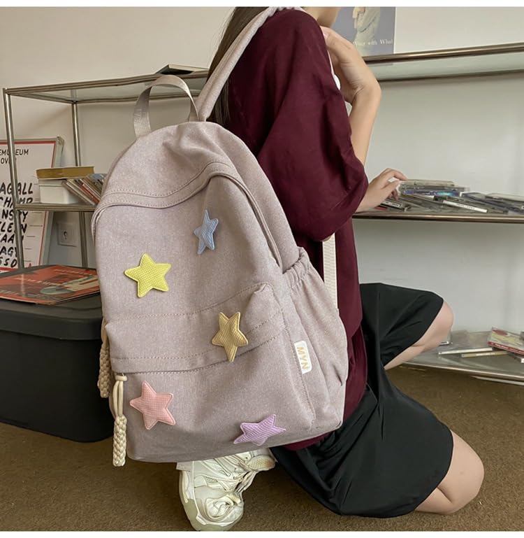 Trendy Y2K Aesthetic Preppy Star Backpack - Cute Laptop Bag for College, School & Travel (Khaki, One Size) - Perfect for Students, Work & Everyday Use