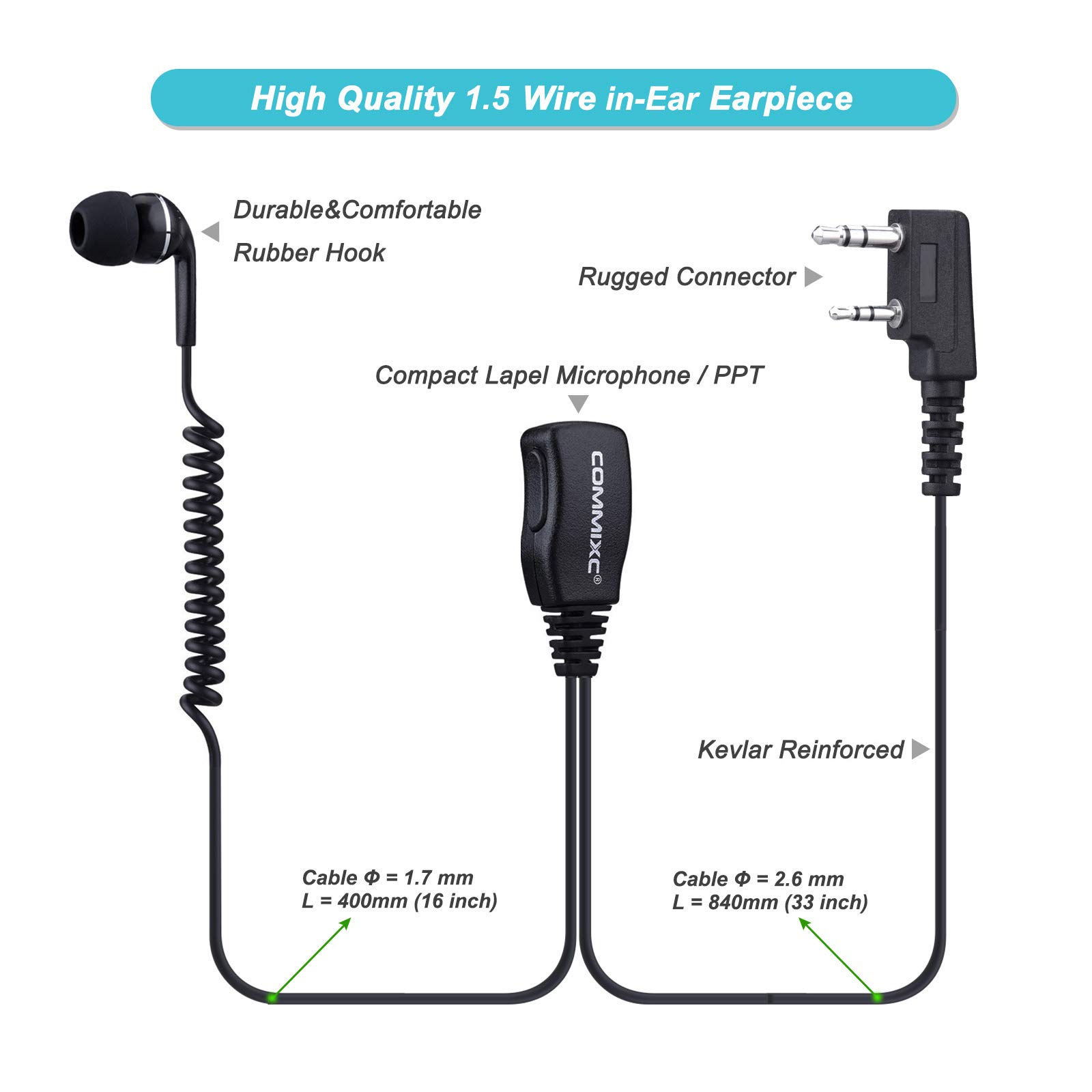 2 Pack Walkie Talkie Headset with PTT Mic - 2-Pin 3.5mm/2.5mm In-Ear Earpiece for Kenwood & BaoFeng Two-Way Radios - Perfect for Security, Construction & Outdoor Adventures