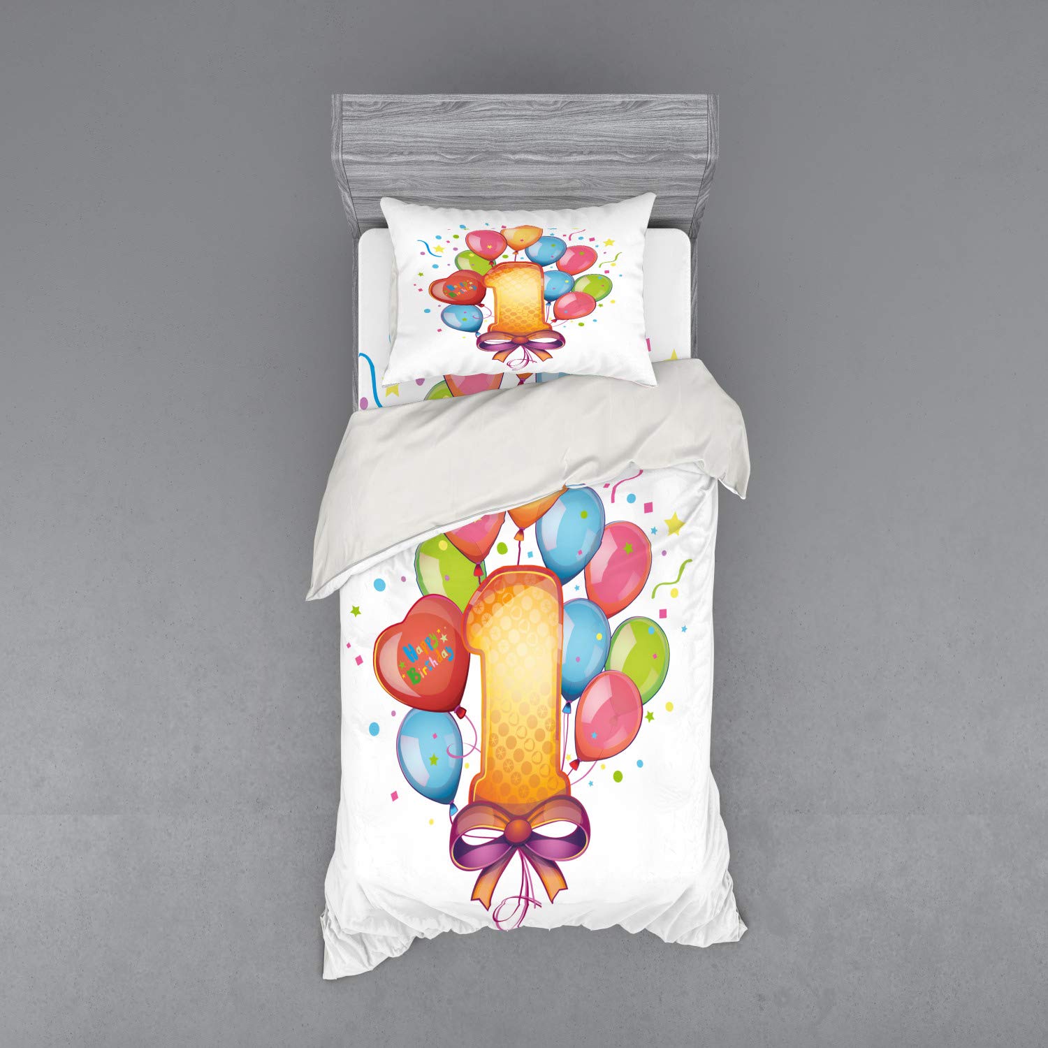 Ambesonne 1st Birthday Bedding Set - Vintage Balloon & Star Print 3-Piece Twin Duvet Cover with Sham & Fitted Sheet | Colorful Nursery Decor for Baby's First Birthday Party