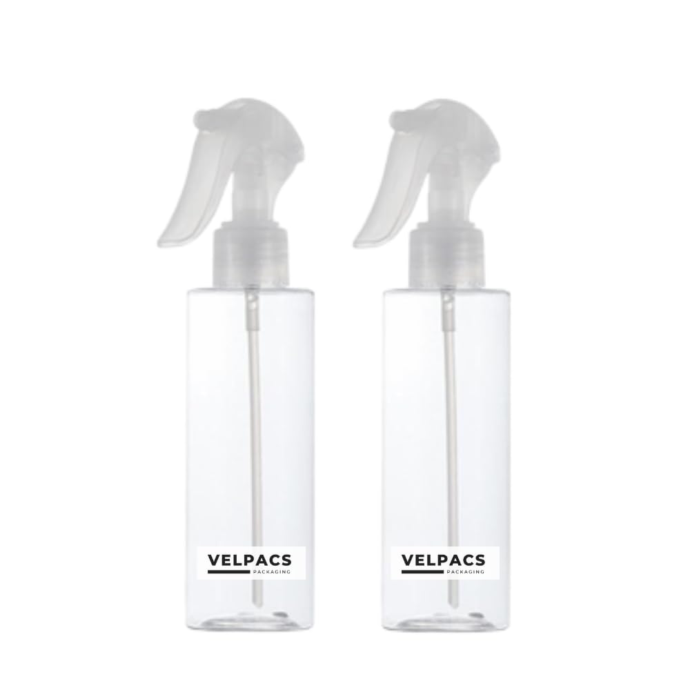 Velpacs 200ml Empty Plastic Spray Bottle with Trigger Sprayer - Pack of 2 | Refillable Hair Mist Bottle for Rosemary Oil, Perfume, Rosewater | Travel Size for DIY Beauty, Home Cleaning & Gardening Use
