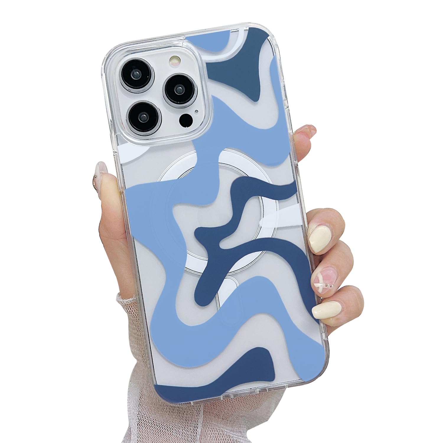 Magnetic iPhone 14 Case & iPhone 13 Case - MagSafe Compatible, Cute Wavy Art Design for Women, Soft TPU Edge with Shockproof PC Back Cover (Blue) - Perfect for Everyday Protection & Wireless Charging