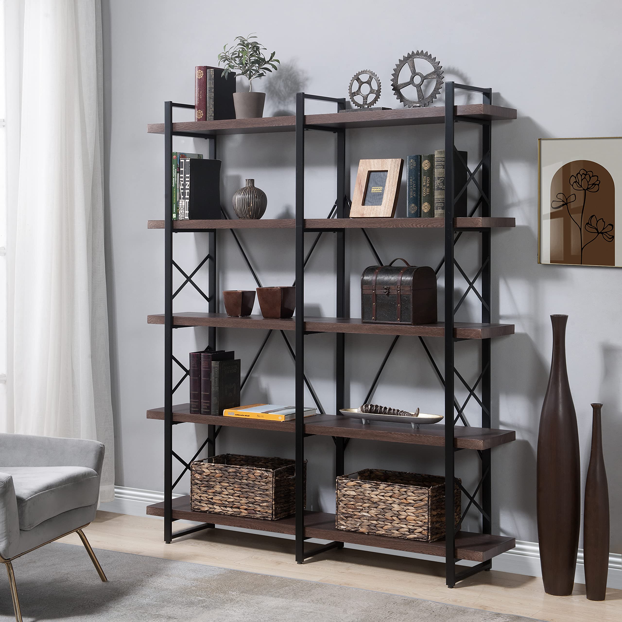 Merax 5-Tier Industrial Bookshelf - X Design Metal Frame Storage Shelf for Home Office, Living Room & Bedroom (Espresso, 71 Inch) - Perfect for Organizing Books, Decor & Office Supplies