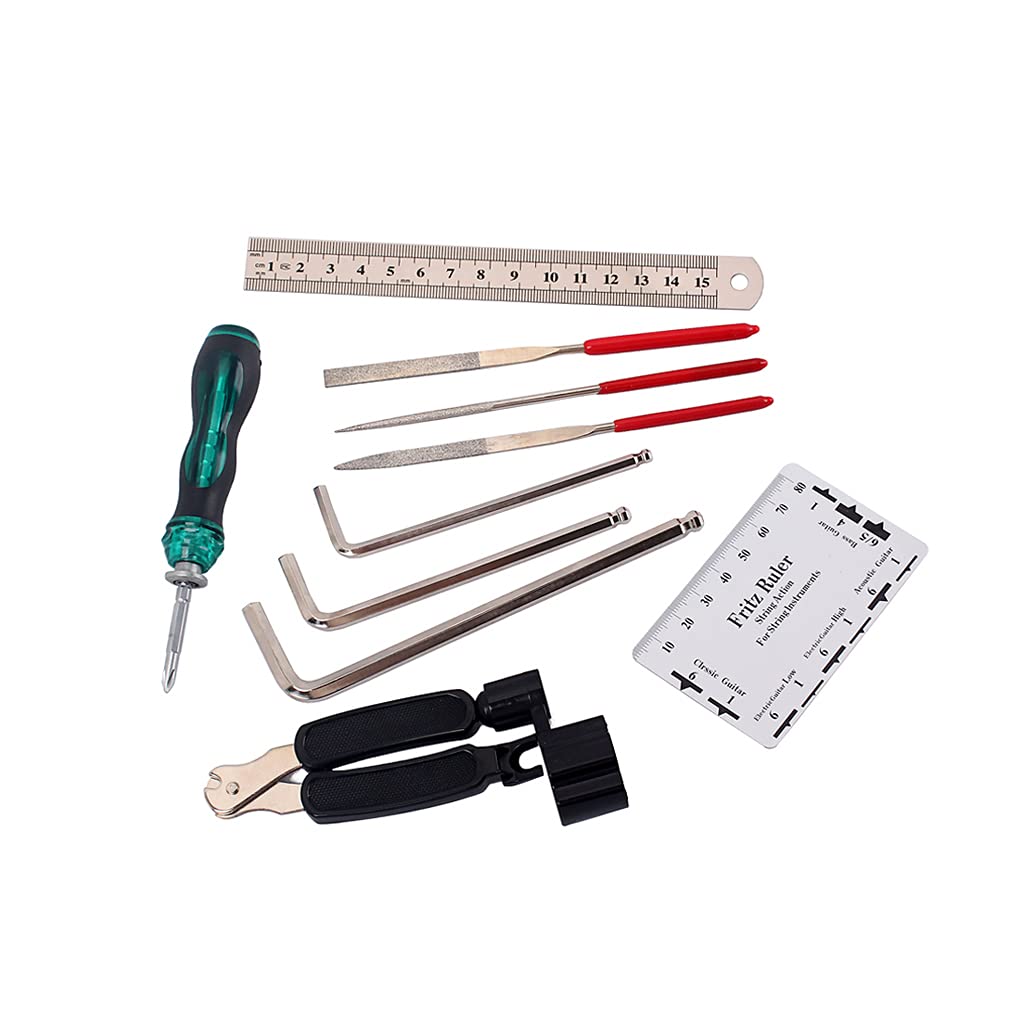 Electric Guitar Repair & Maintenance Tool Kit - String Organizer, Action Ruler, Gauge, Hex Wrench Set & File for Guitar, Ukulele, Bass, Mandolin, Banjo | Professional Instrument Care & Setup Tools for Musicians