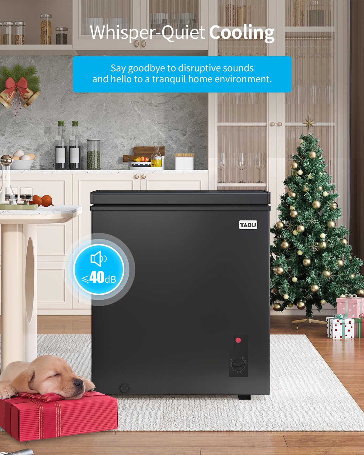 TABU 3.5 Cubic Feet Chest Freezer - Compact Top Open Deep Freezer with Removable Basket, 7-Level Adjustable Thermostat, Freestanding Design (Black) - Perfect for Home, Garage, Basement, or Small Business Storage