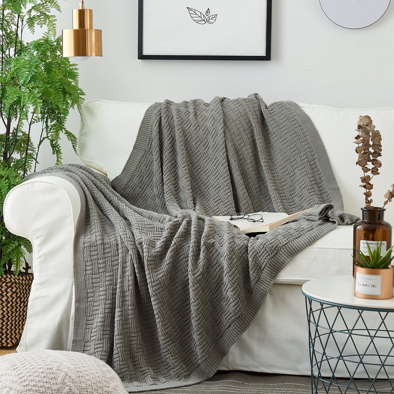 Oversized 60x80 Inch Soft Grey Knit Throw Blanket - 100% Cotton Lightweight Blanket for Bed, Couch & Sofa - Cozy Home Decor for Living Room, Bedroom & Travel