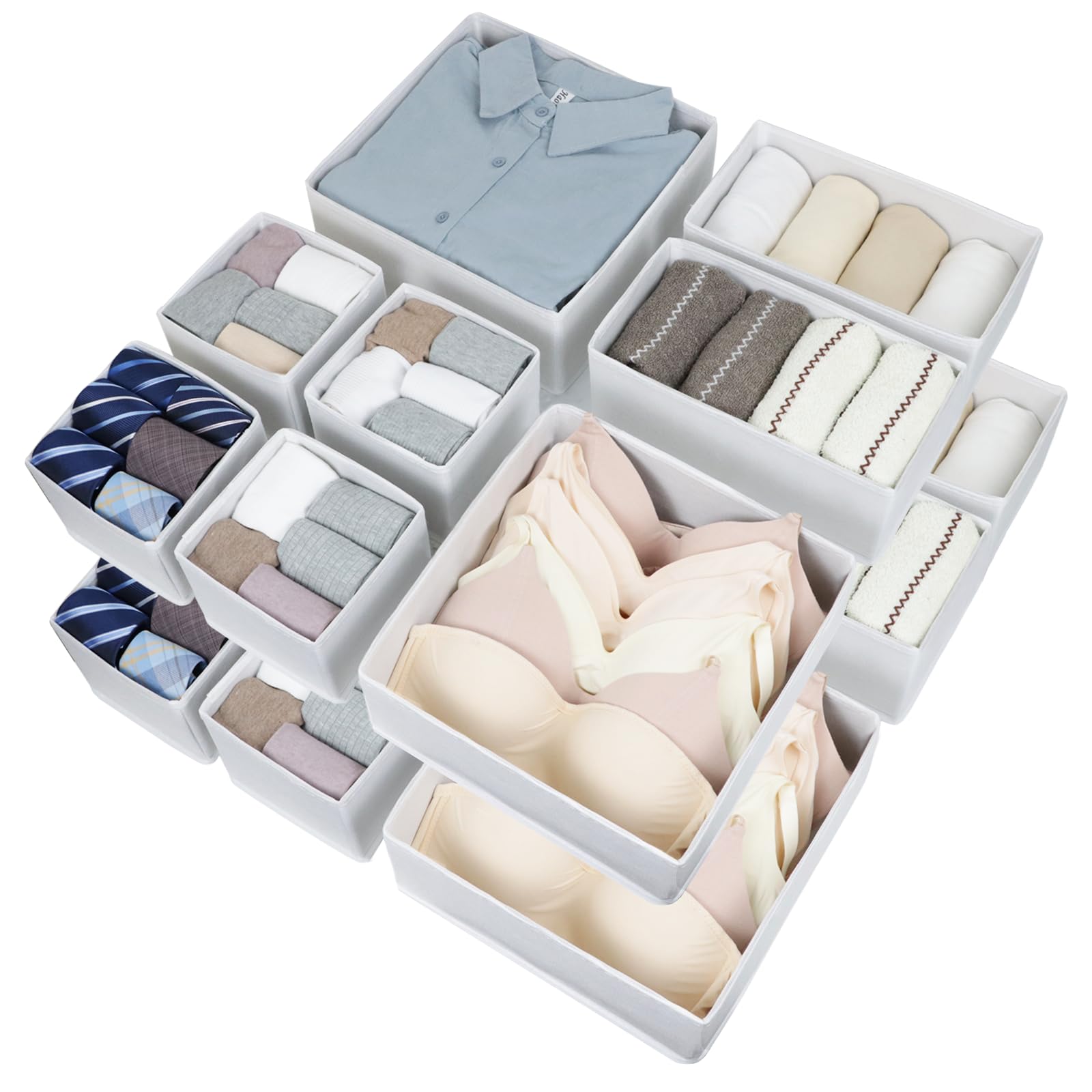16-Piece Fabric Drawer Organizer Set - Foldable Storage Baskets & Closet Dividers for Clothes, Socks, Underwear & Ties | Cabinet & Dresser Organization | White Space-Saving Storage Solution for Bedroom, Bathroom & Nursery