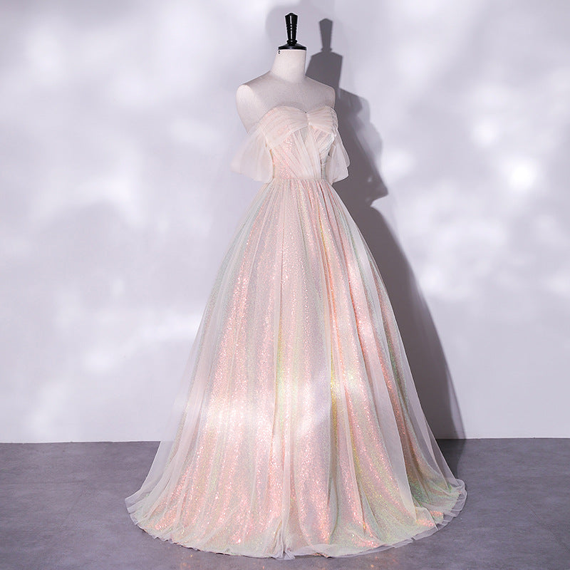 Elegant Off Shoulder Gold & Pink Shiny Prom Dress - A-Line Princess Party Gown for Homecoming, Sweet 16, Formal Events & Special Occasions