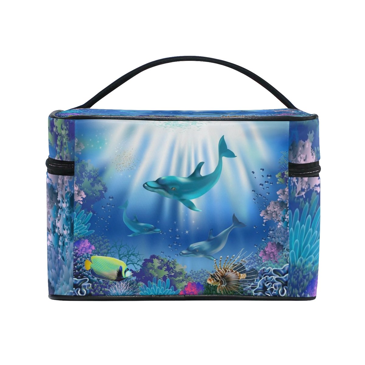 Dolphin & Plant Print Cosmetic Bag for Women - Waterproof Travel Makeup Pouch with Zipper, Train Case Storage Organizer - Perfect for Travel, Gym, and Daily Essentials