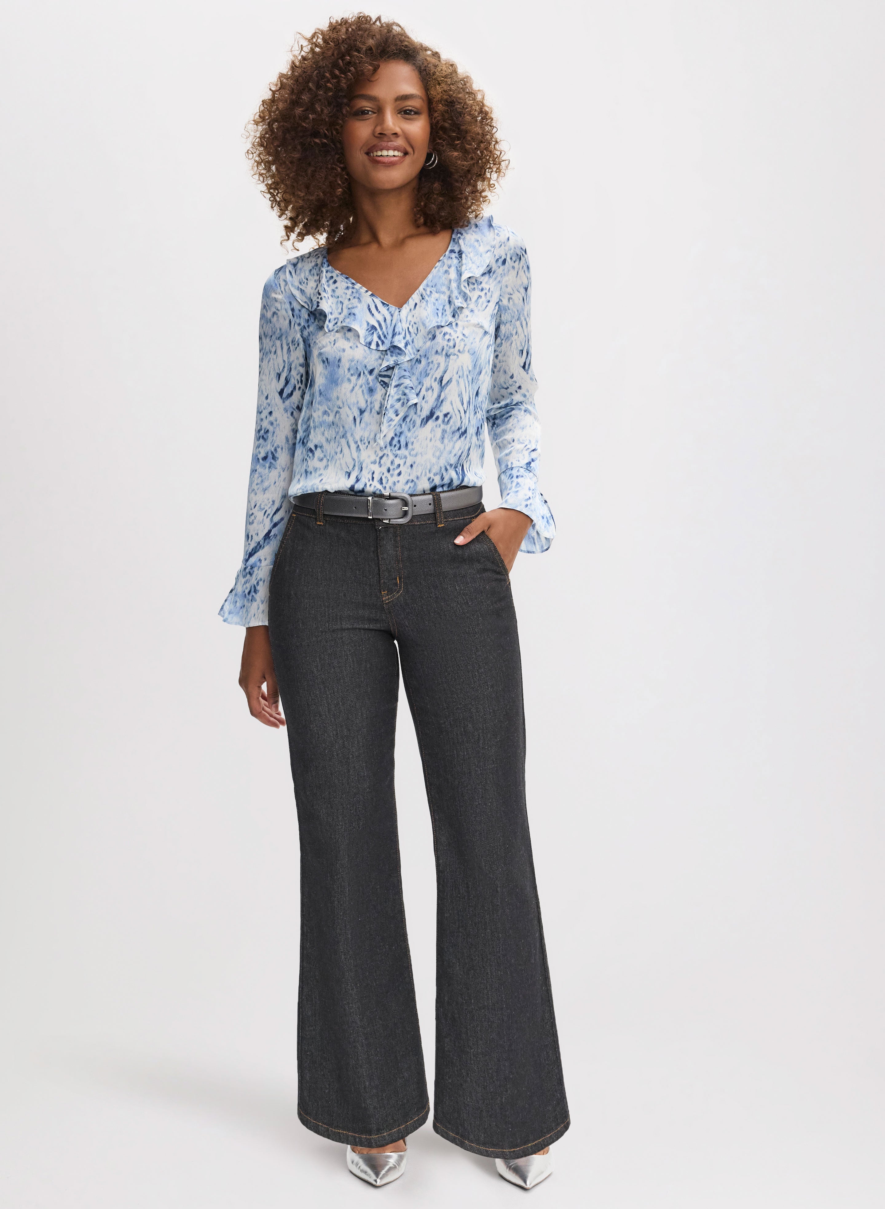 Animal Print Blouse & Flare Leg Jeans for Women - Stylish Casual Outfit for Party, Date Night & Office Wear