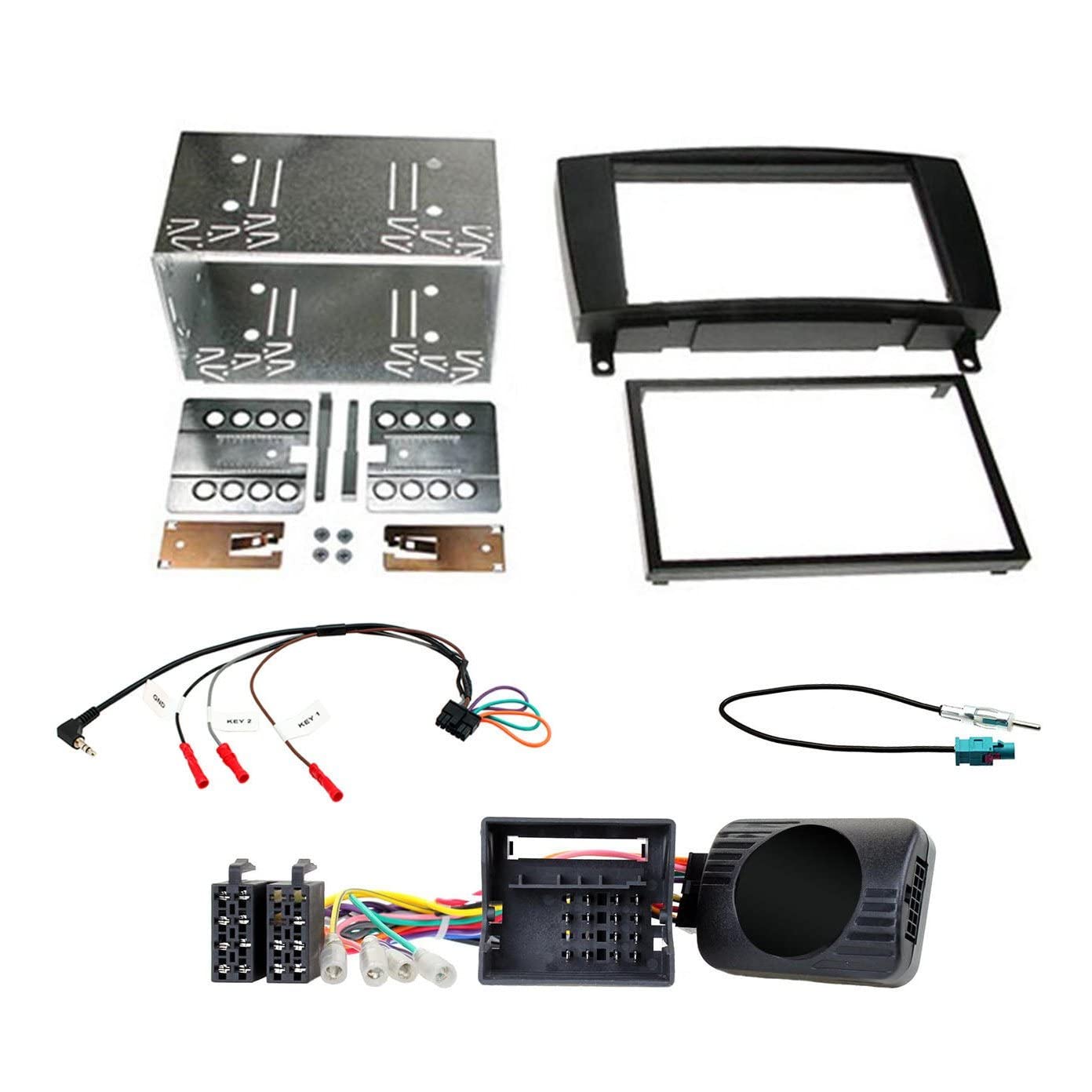 Mercedes CLK 2004-2009 Double DIN Stereo Installation Kit - Black Fascia Panel with Steering Wheel Control Interface & Antenna Adapter | Perfect for Car Audio System Upgrade & Replacement